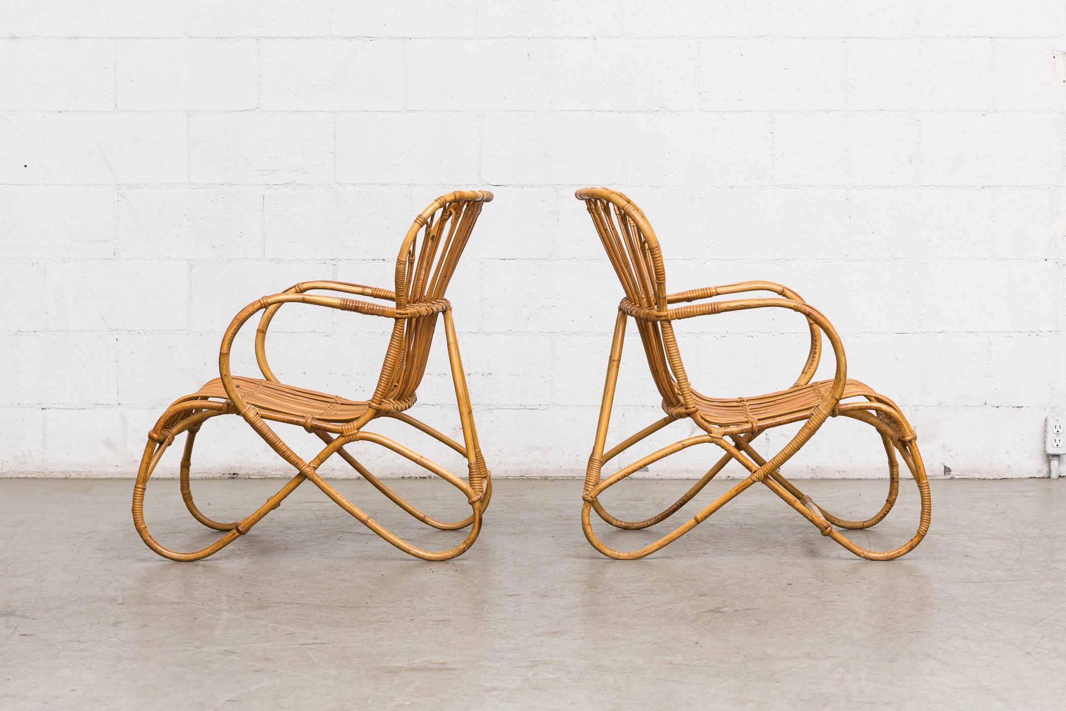 Dutch Pair of Franco Albini Inspired Bamboo Lounge Chairs