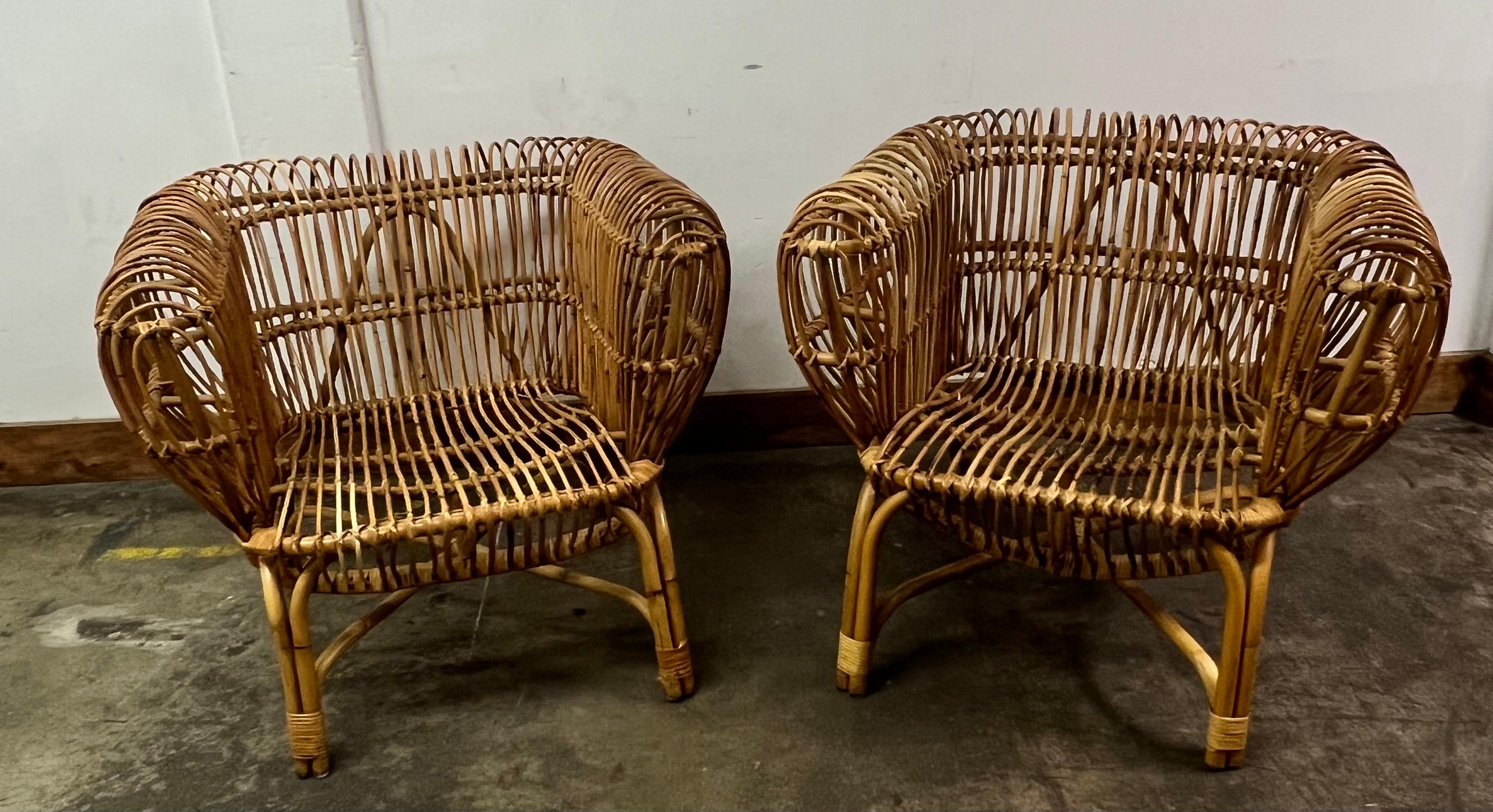 Pair of Franco Albini Italian Pencil Reed Rattan Chairs 3