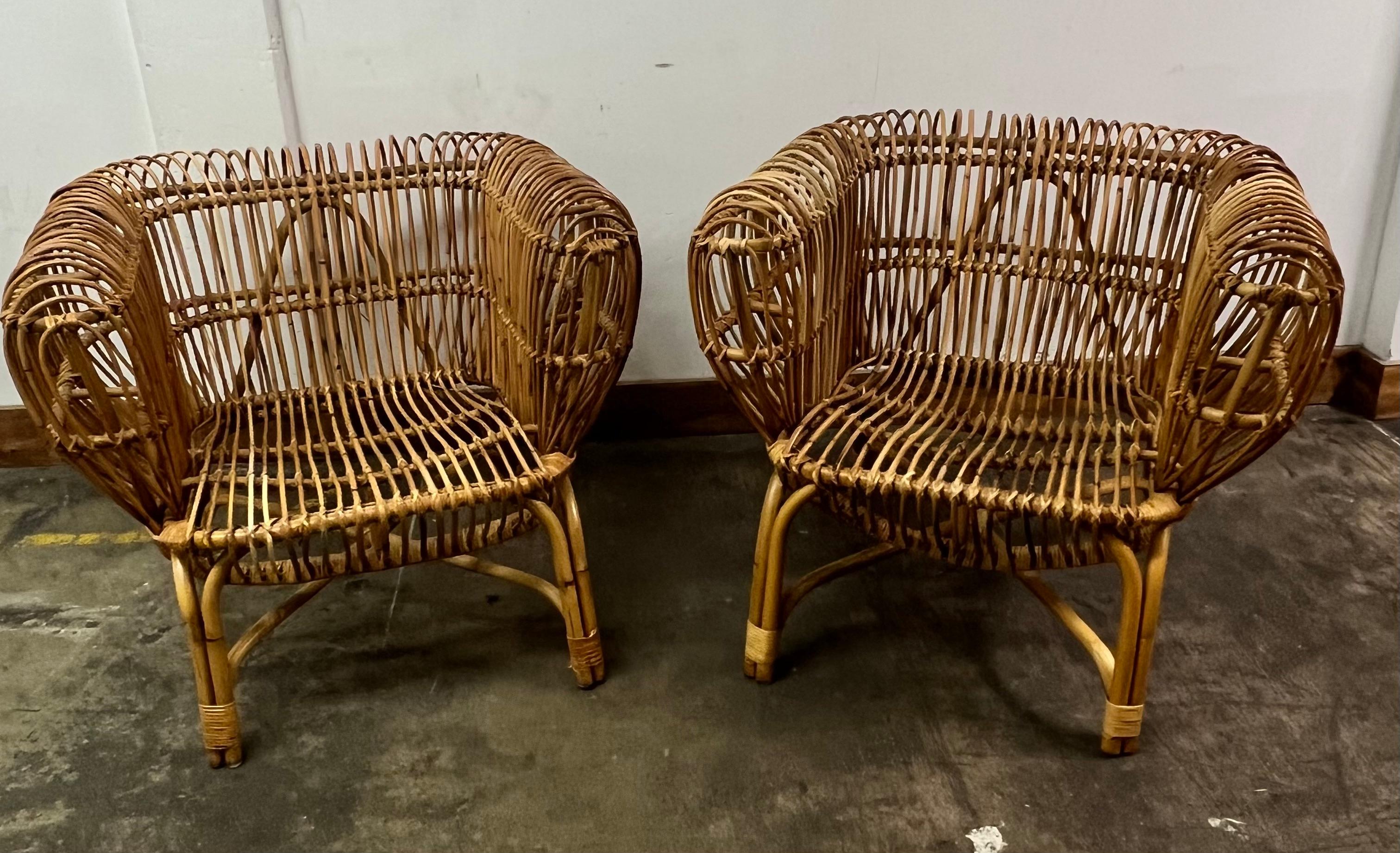Pair of Franco Albini Italian Pencil Reed Rattan Chairs 3