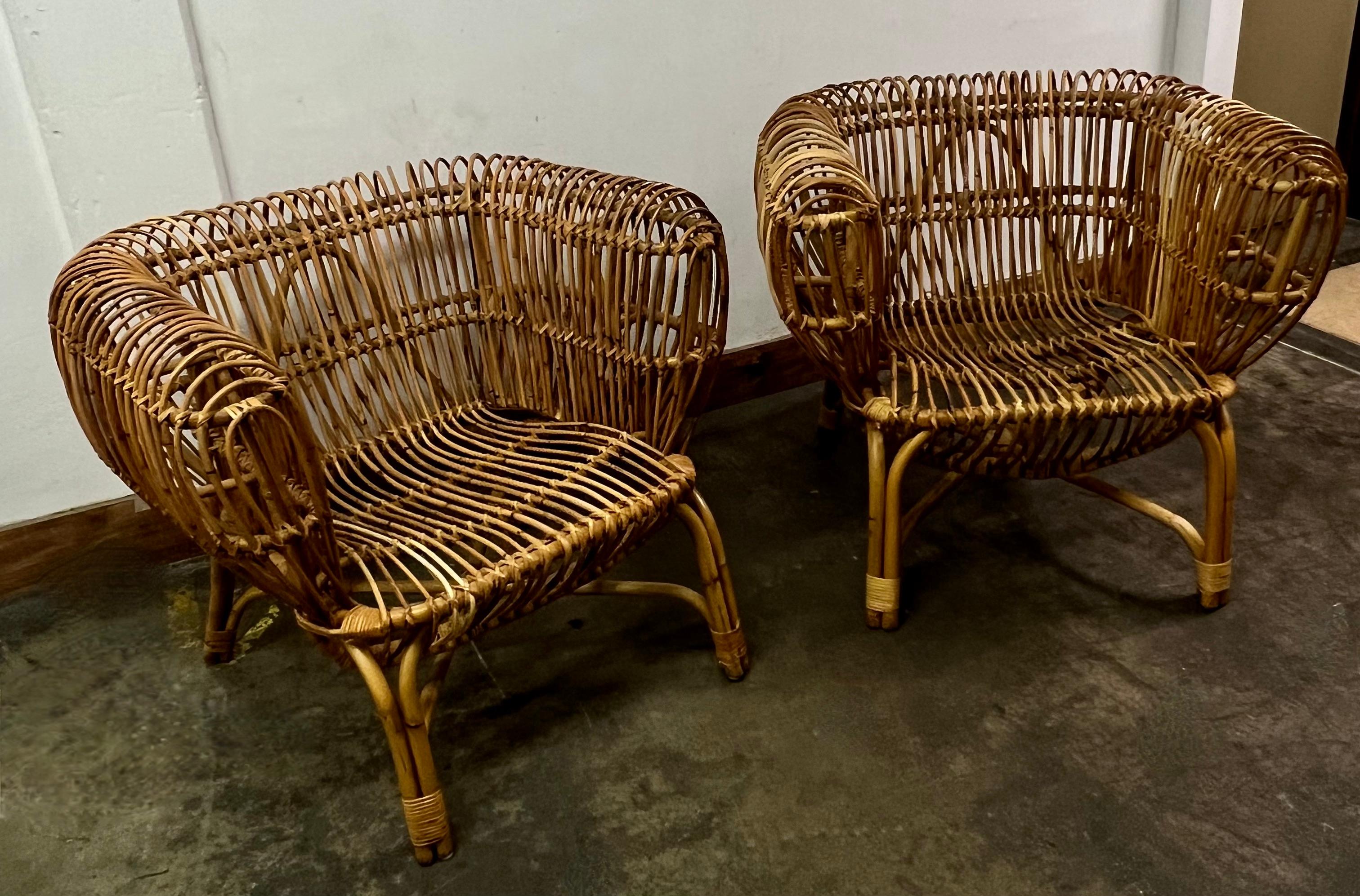 Pair of Franco Albini Italian Pencil Reed Rattan Chairs 5