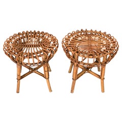 Vintage Pair of Franco Albini Midcentury Rattan and Bamboo Italian Ottoman Stools, 1960s