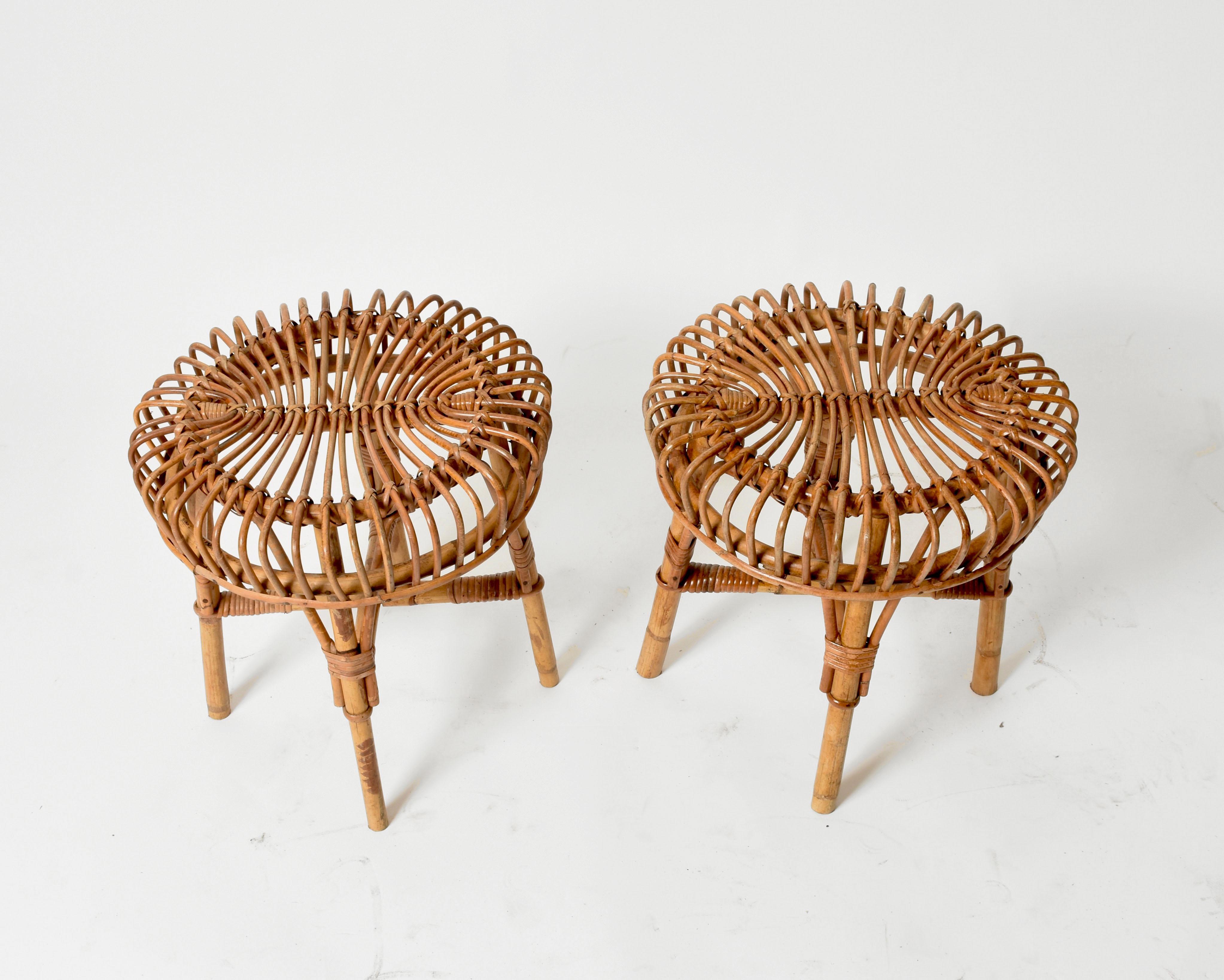 Pair of Franco Albini Midcentury Rattan and Bamboo Italian Stools, 1960s 6