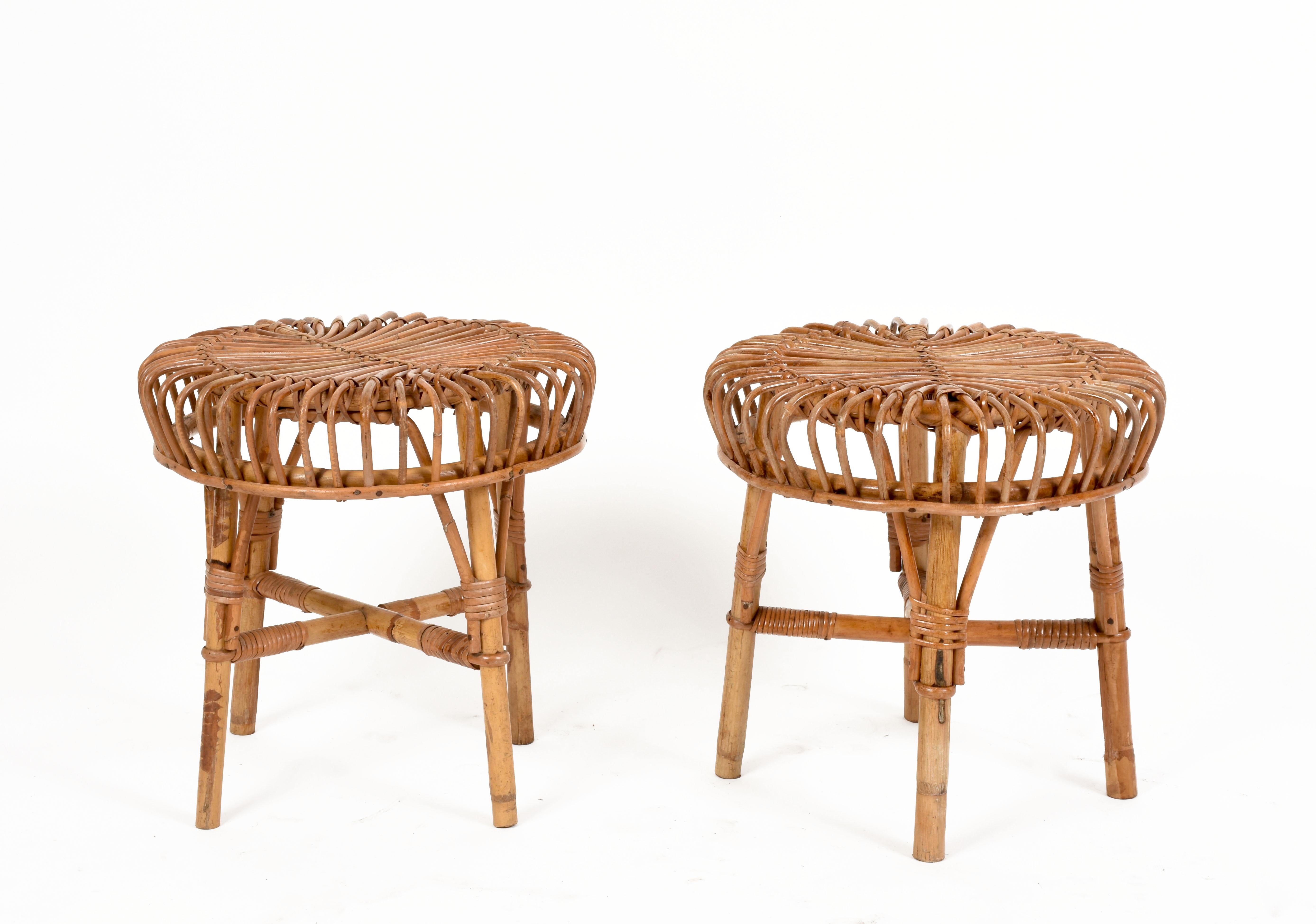 Pair of Franco Albini Midcentury Rattan and Bamboo Italian Stools, 1960s In Good Condition In Roma, IT