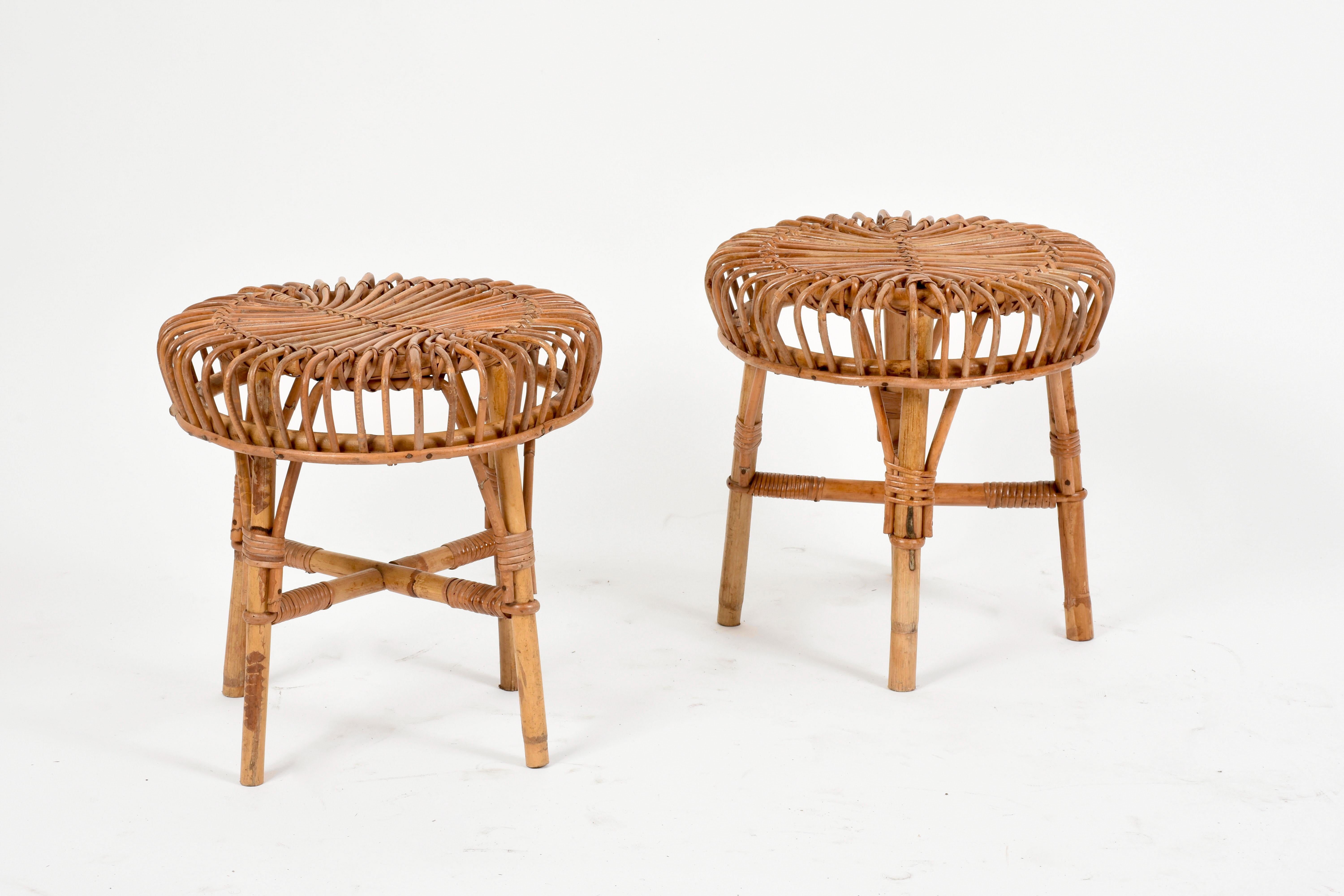 20th Century Pair of Franco Albini Midcentury Rattan and Bamboo Italian Stools, 1960s