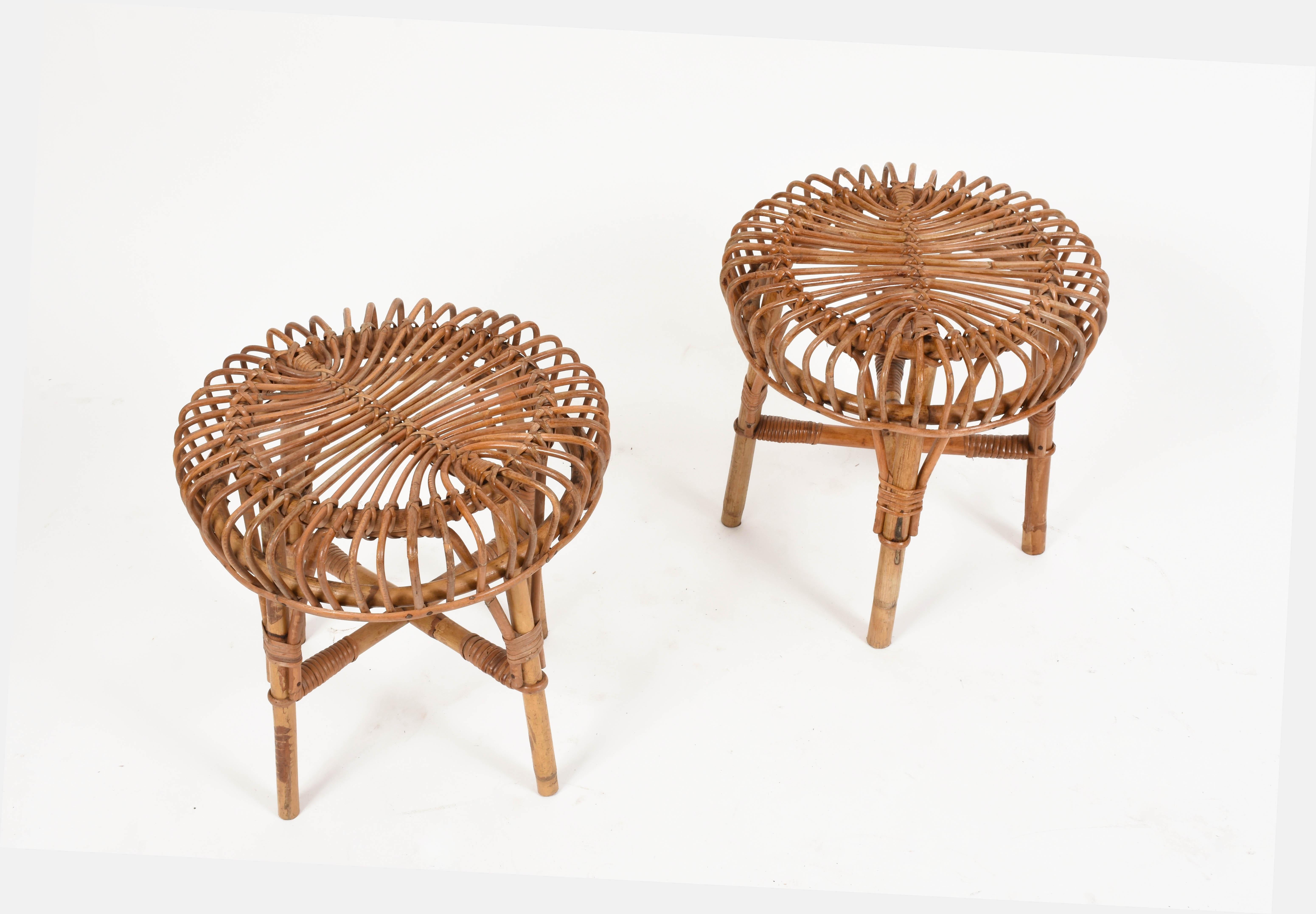 Pair of Franco Albini Midcentury Rattan and Bamboo Italian Stools, 1960s 1