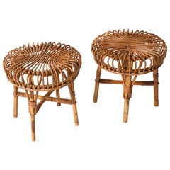 Pair of Franco Albini Midcentury Rattan and Bamboo Italian Stools, 1960s