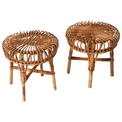 Pair of Franco Albini Midcentury Rattan and Bamboo Italian Stools, 1960s