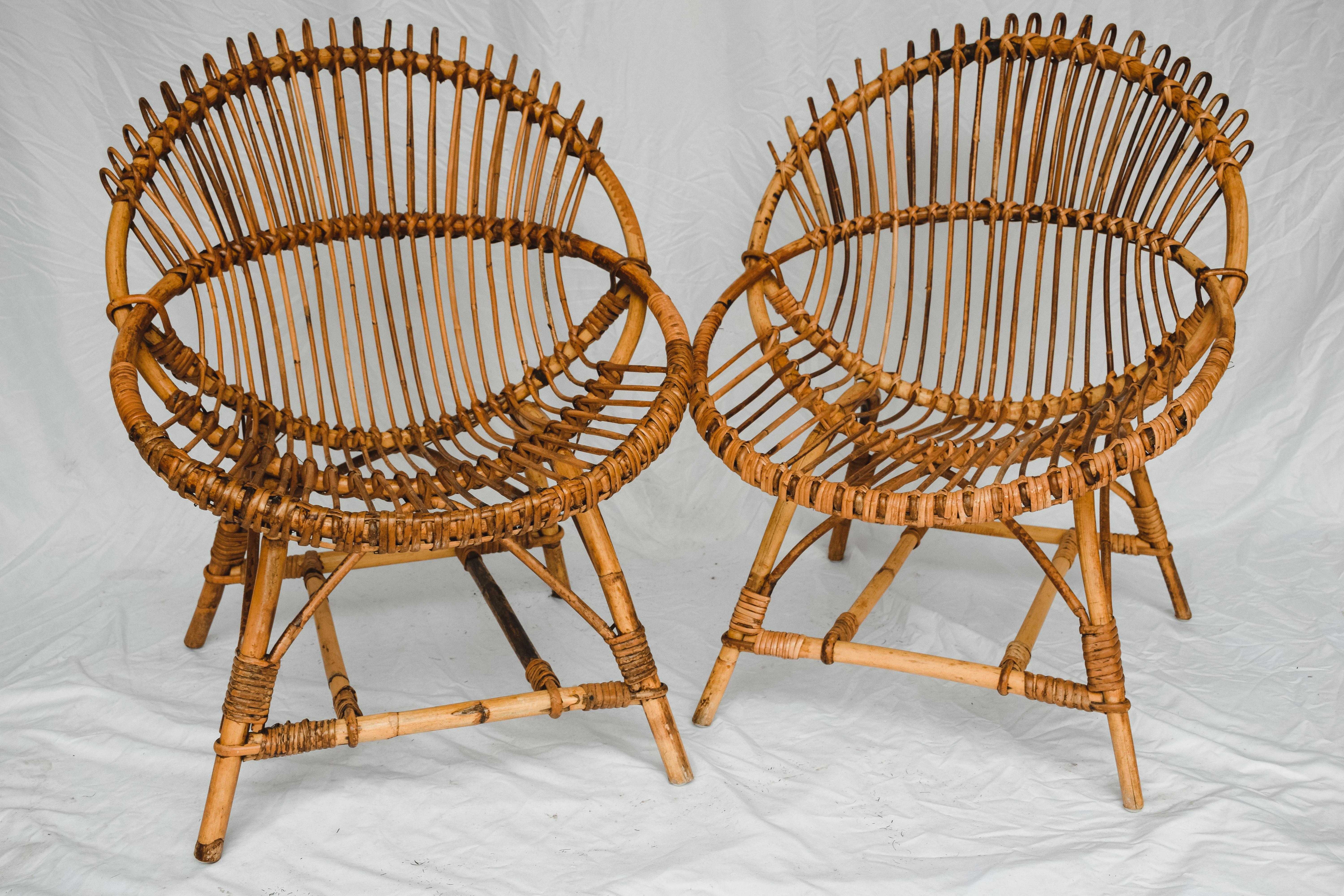 Italian Pair of Franco Albini Style Bamboo Lounge Chairs c. 1950's For Sale