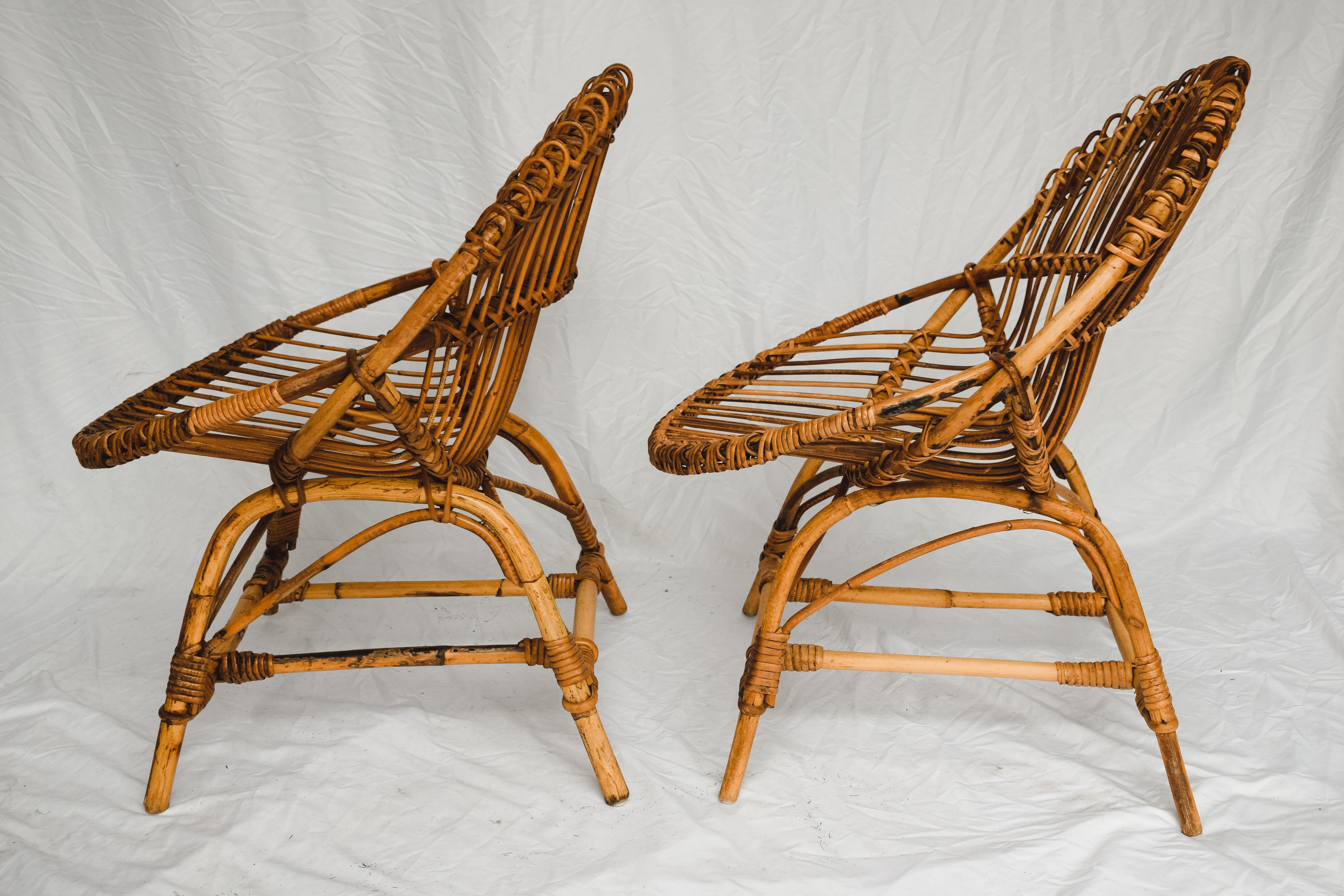 Pair of Franco Albini Style Bamboo Lounge Chairs c. 1950's In Good Condition For Sale In Houston, TX