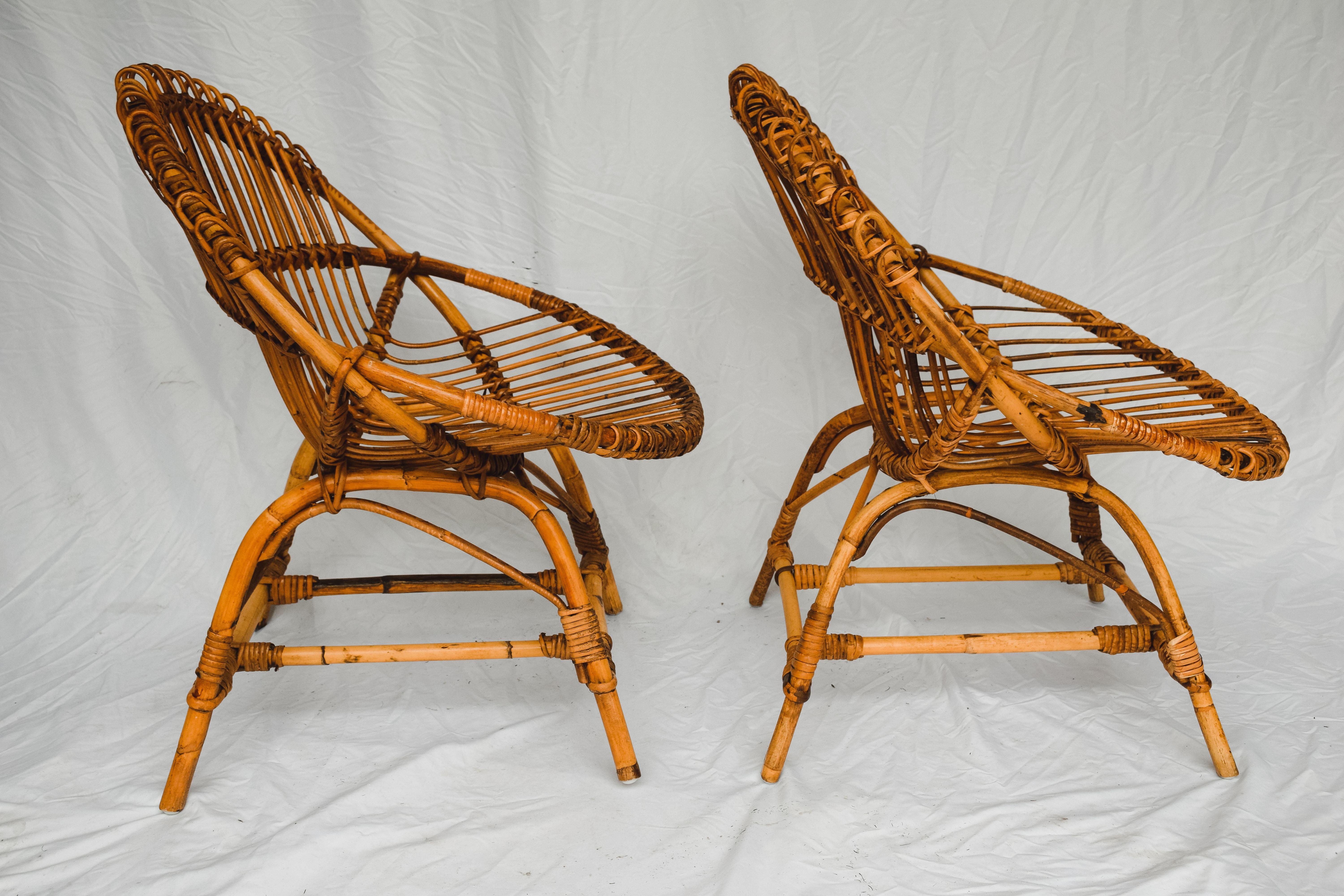 Pair of Franco Albini Style Bamboo Lounge Chairs c. 1950's For Sale 1