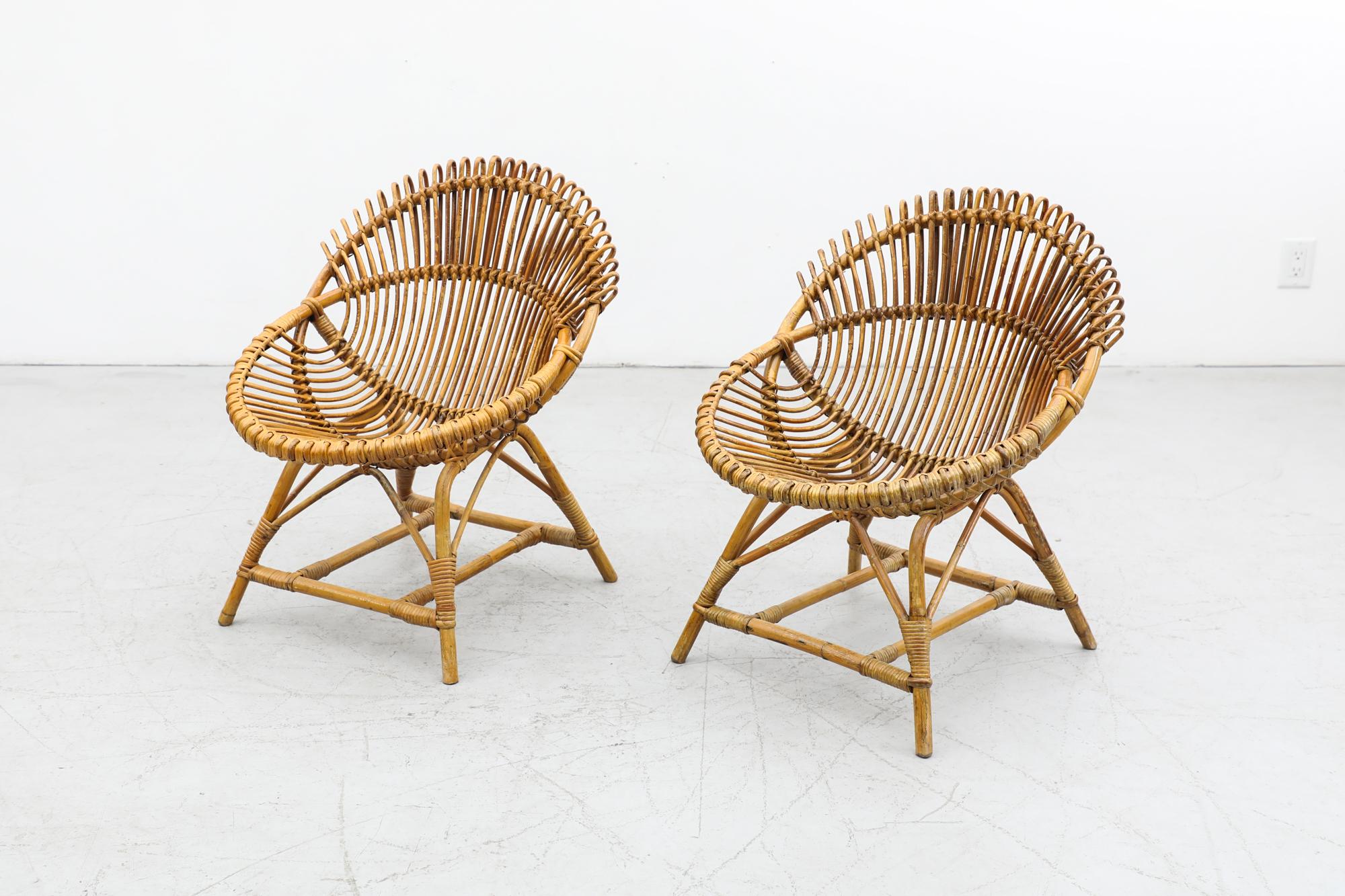 Pair of Mid-Century Franco Albini Style Bamboo Hoop Lounge Chairs For Sale 1