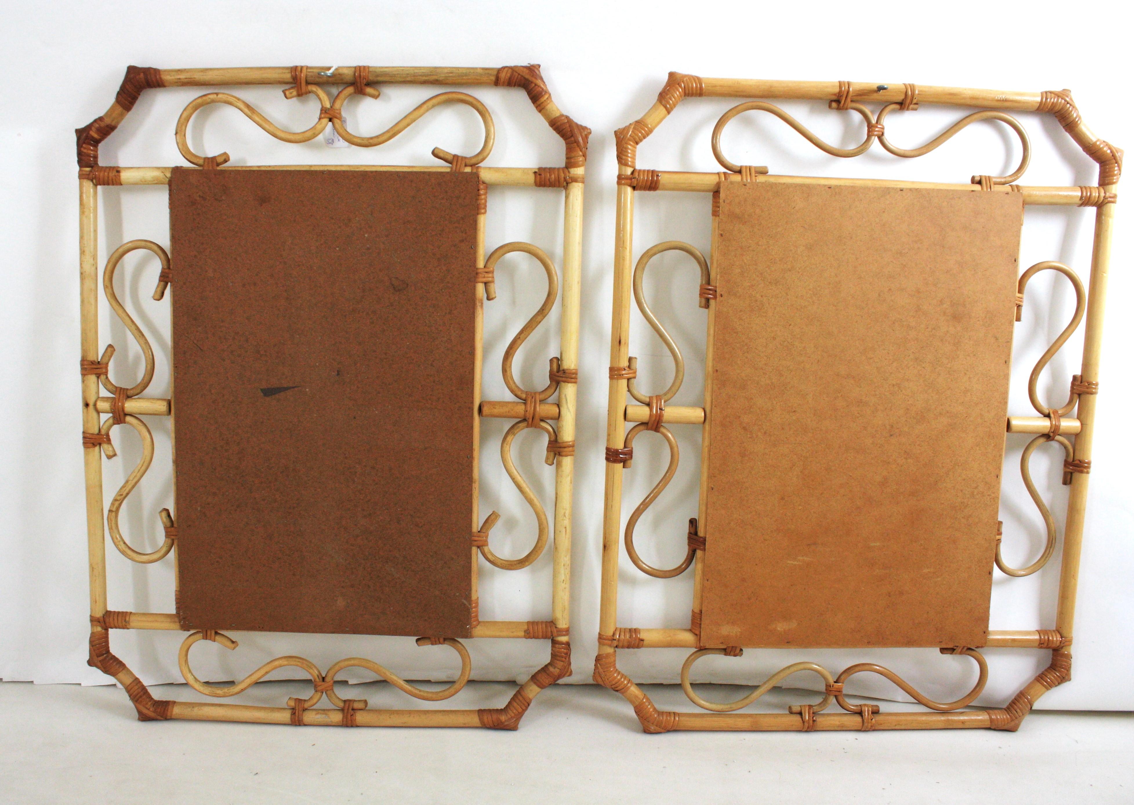 Paire de grands miroirs octogonaux en rotin de style Franco Albini, Italie, années 60 en vente 3
