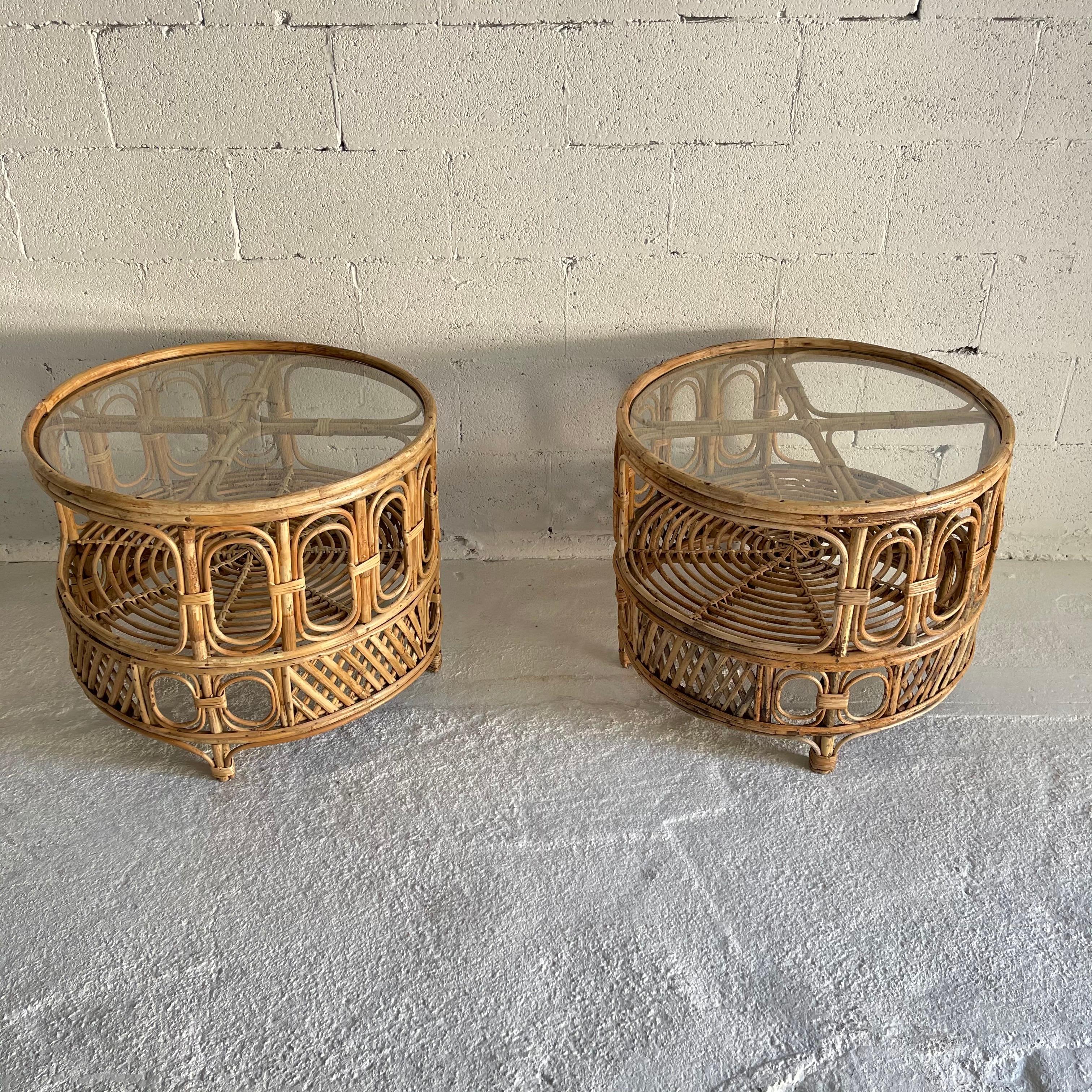 Mid-Century Modern Pair of Franco Albini Style Round Rattan Side or End Tables, Italy, 1950s