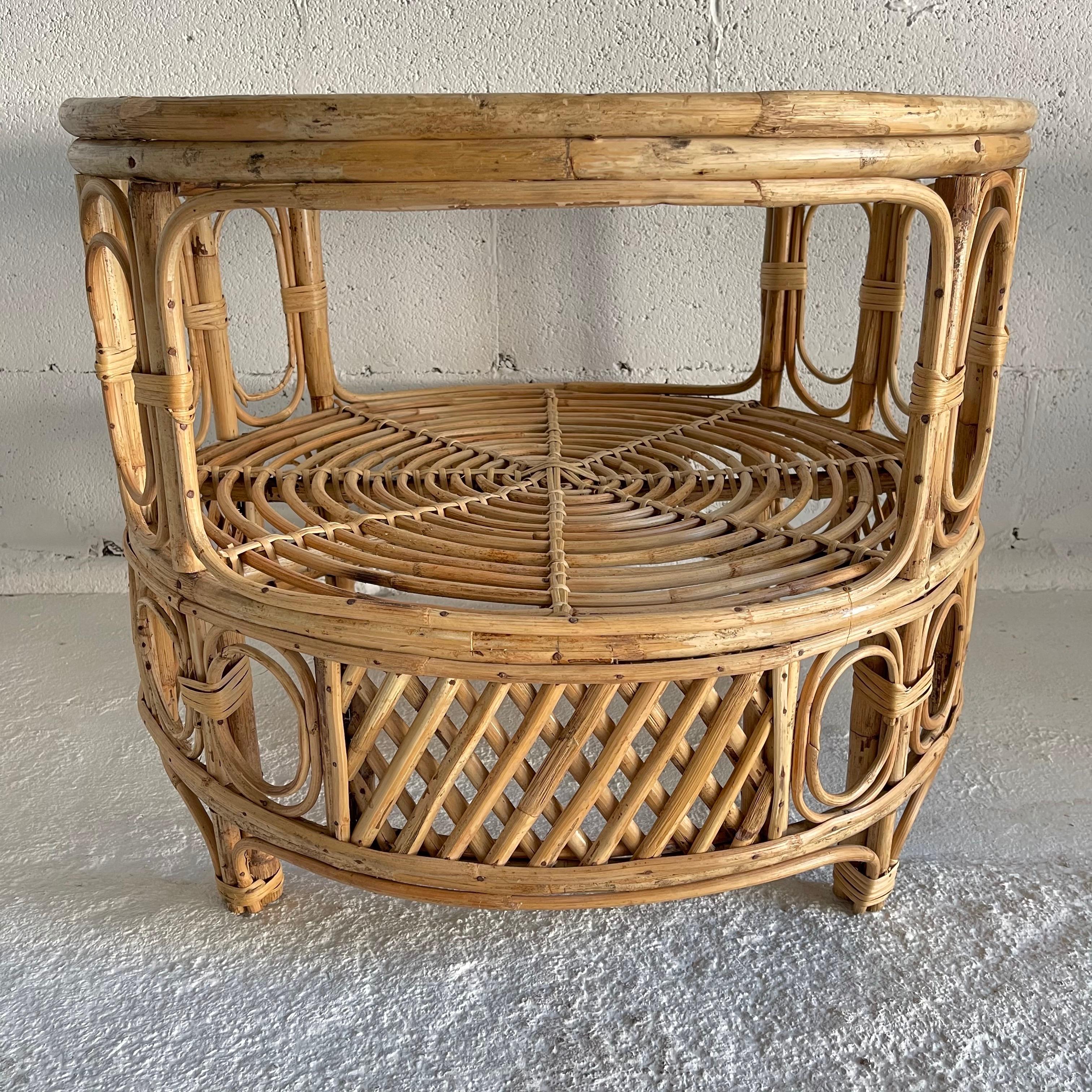 Pair of Franco Albini Style Round Rattan Side or End Tables, Italy, 1950s In Good Condition In Miami, FL