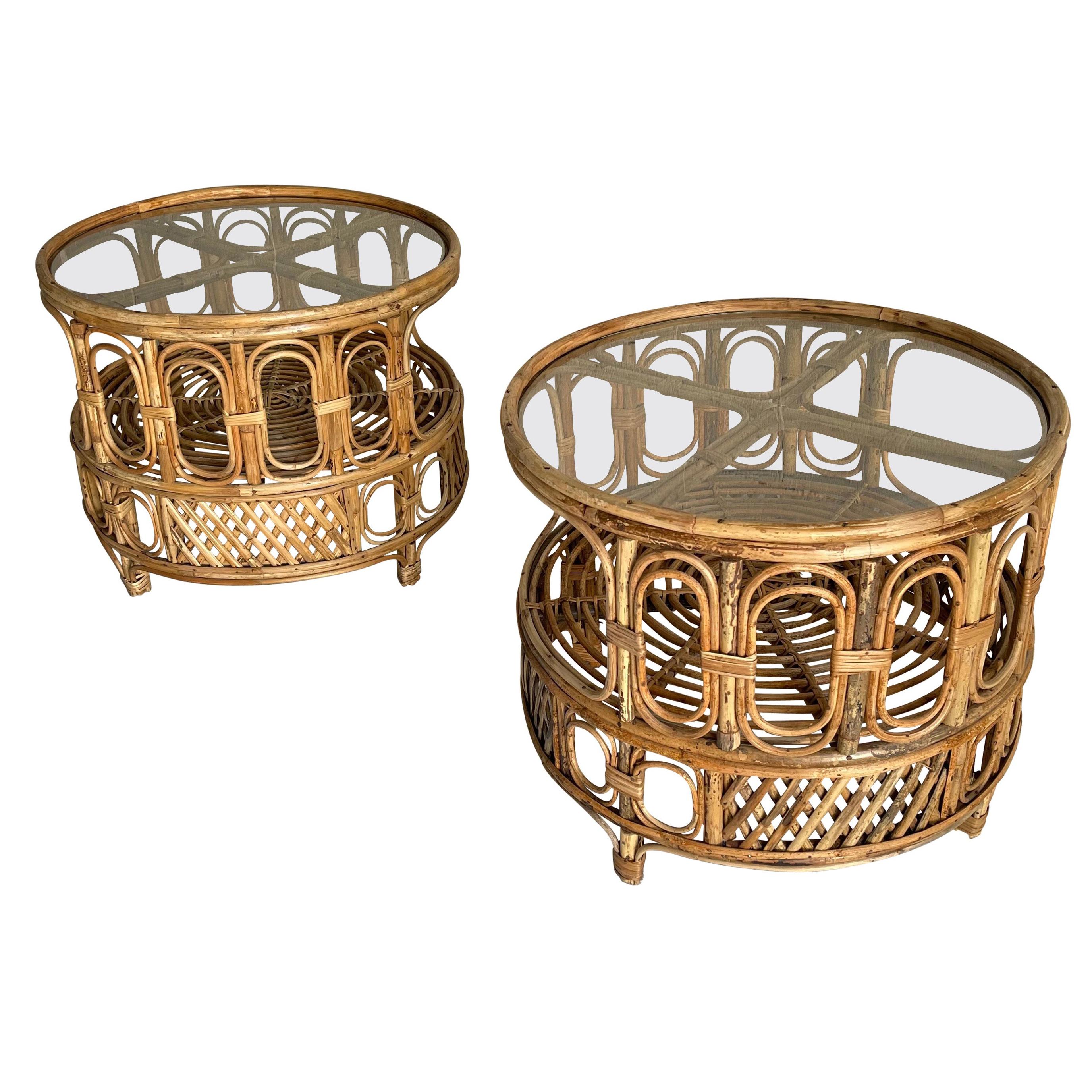 Pair of Franco Albini Style Round Rattan Side or End Tables, Italy, 1950s