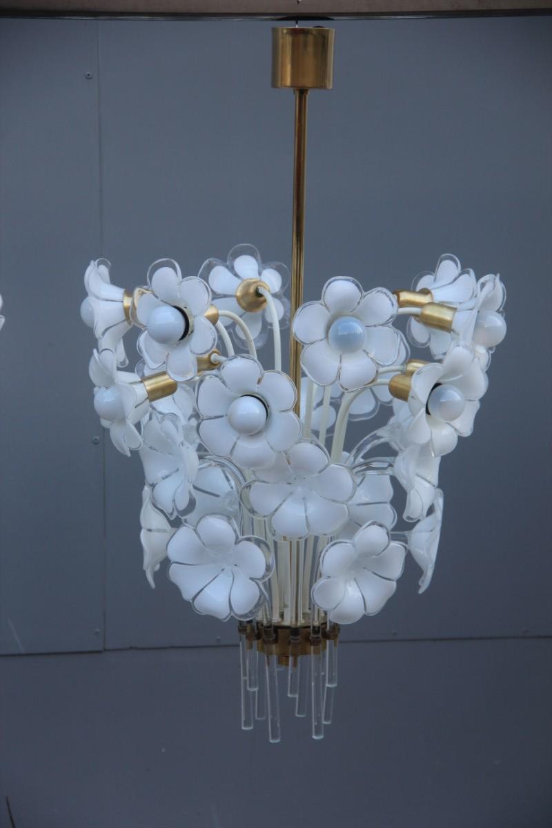 Franco Luce Italian chandelier, 1970s Murano Art Glass chic and very particular, handmade flowers in Murano glass, a structure in brass and lacquered metal, truly unique and elegant in its kind.