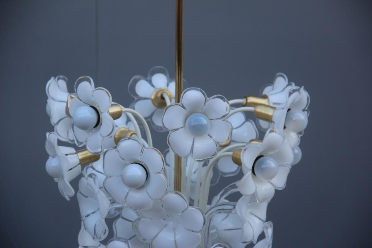 Late 20th Century Pair of Franco Luce Italian Chandelier  Murano Glass Gold  White Flowers 1970