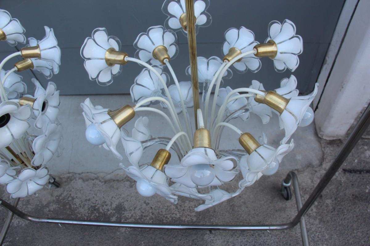 Pair of Franco Luce Italian Chandelier  Murano Glass Gold  White Flowers 1970 1