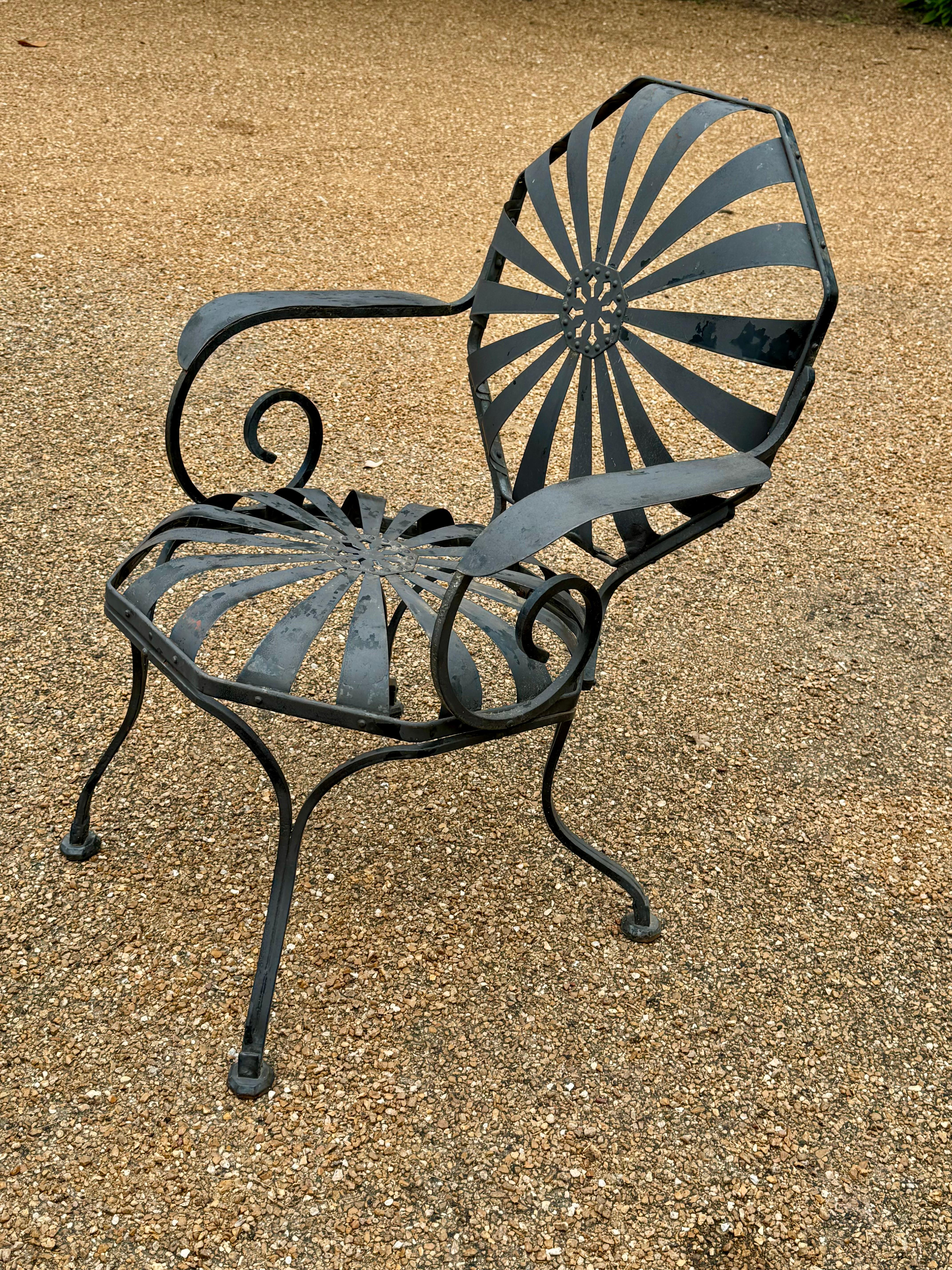 Pair of Francois Carre Black Pinwheel or Sunburst Garden Arm Chairs with Ottoman 3