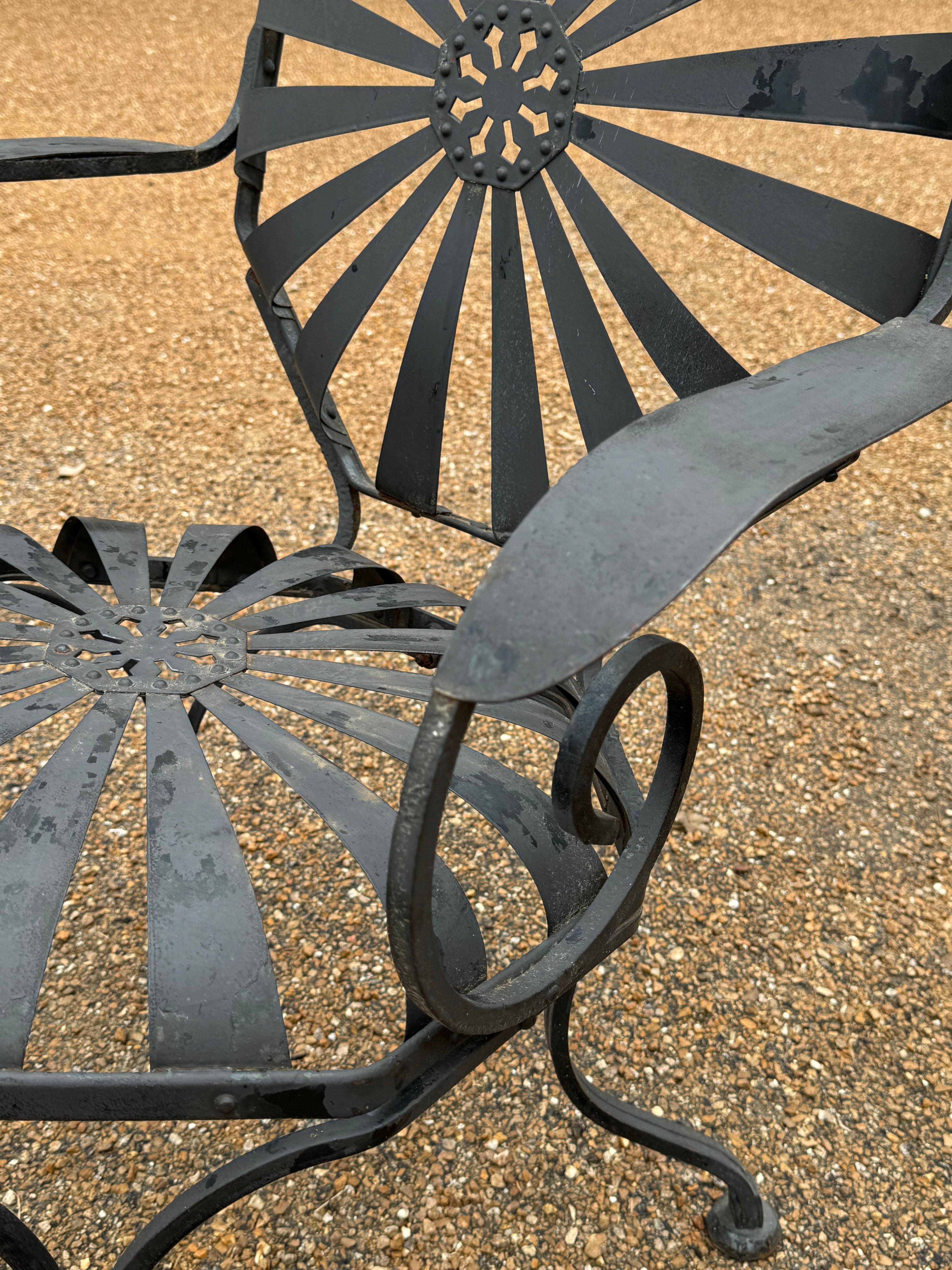Pair of Francois Carre Black Pinwheel or Sunburst Garden Arm Chairs with Ottoman 4