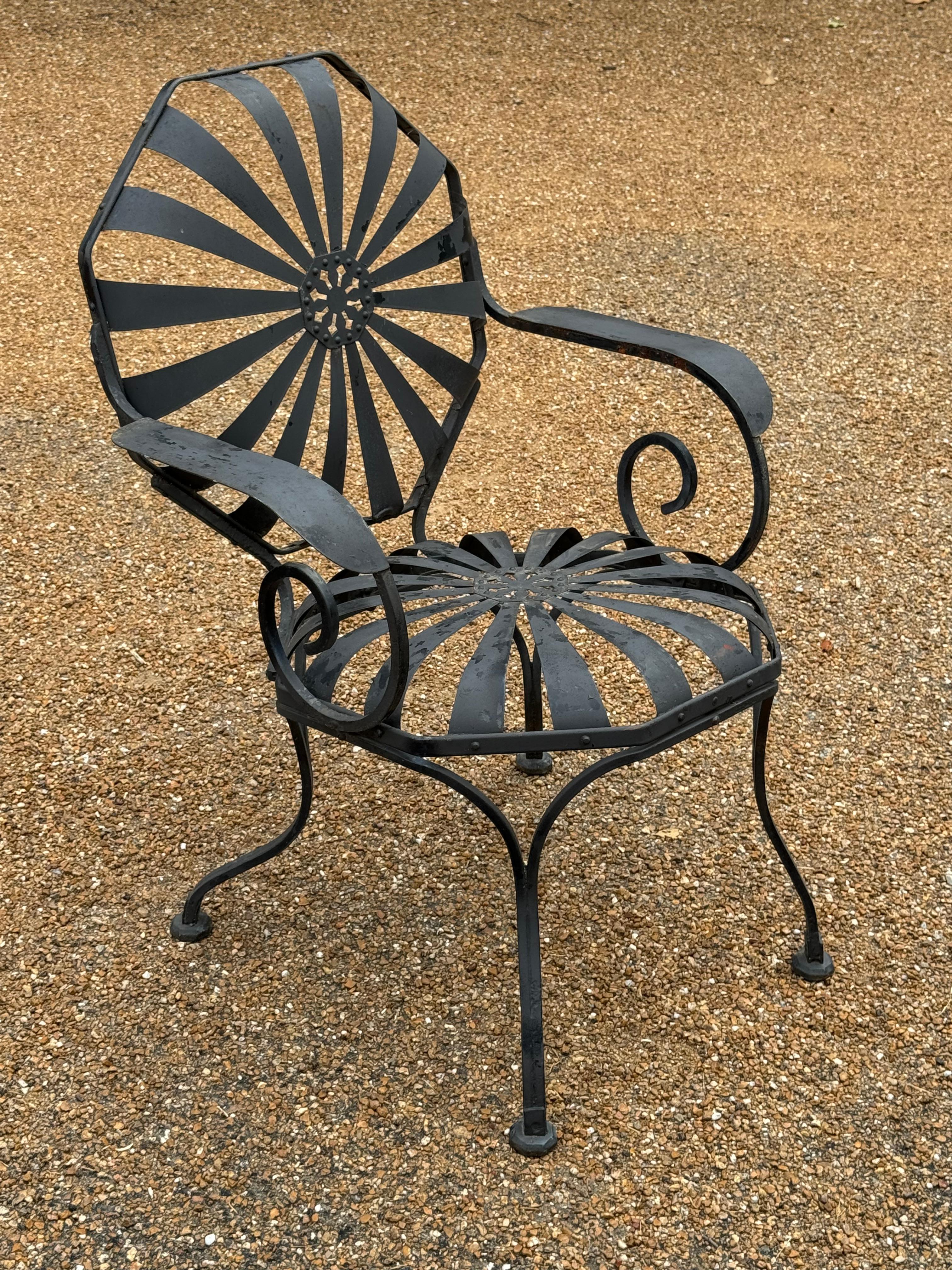 Pair of Francois Carre Black Pinwheel or Sunburst Garden Arm Chairs with Ottoman 9