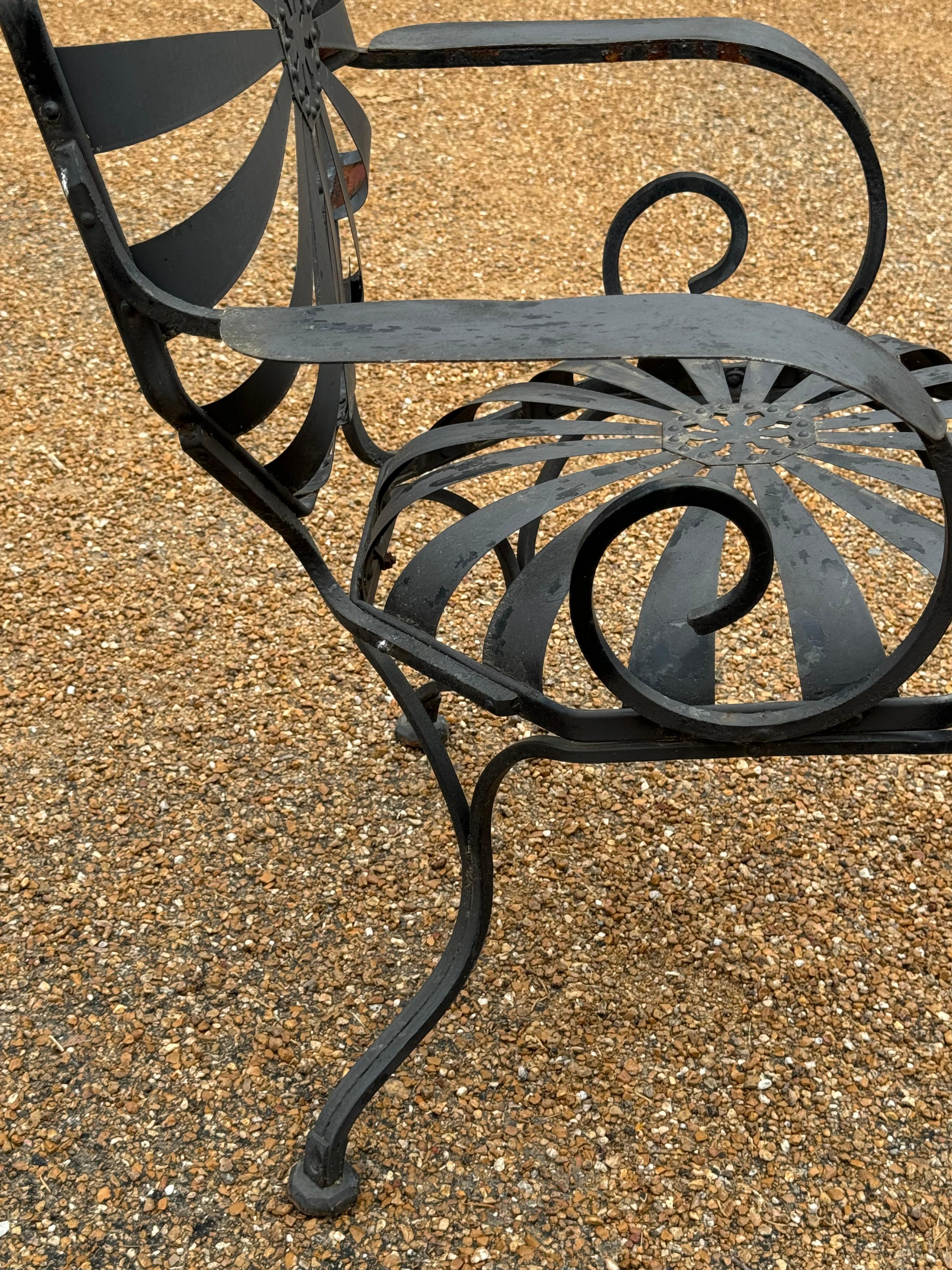 Pair of Francois Carre Black Pinwheel or Sunburst Garden Arm Chairs with Ottoman 10