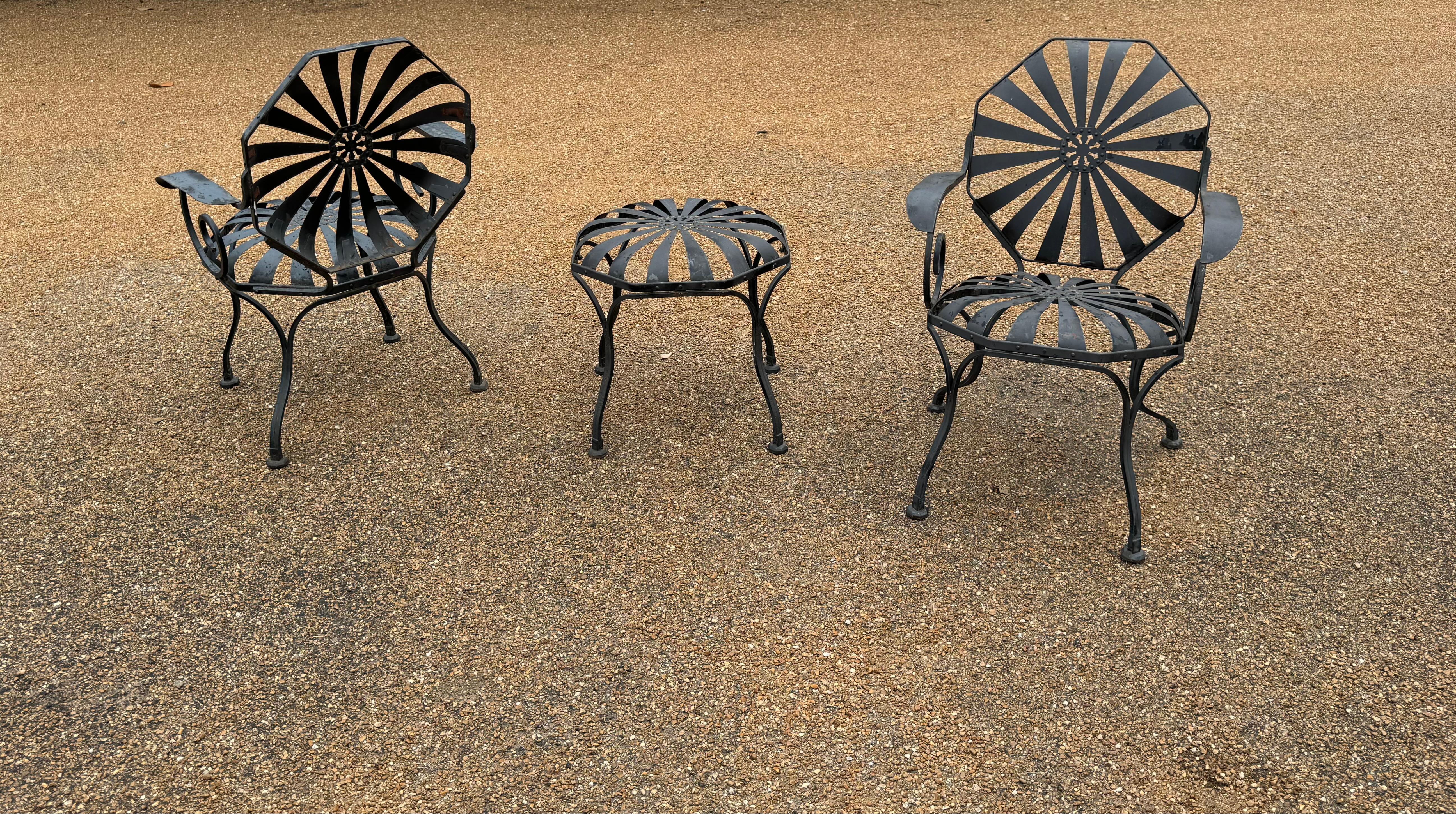 Pair of Francois Carre Black Pinwheel or Sunburst Garden Arm Chairs with Ottoman 12