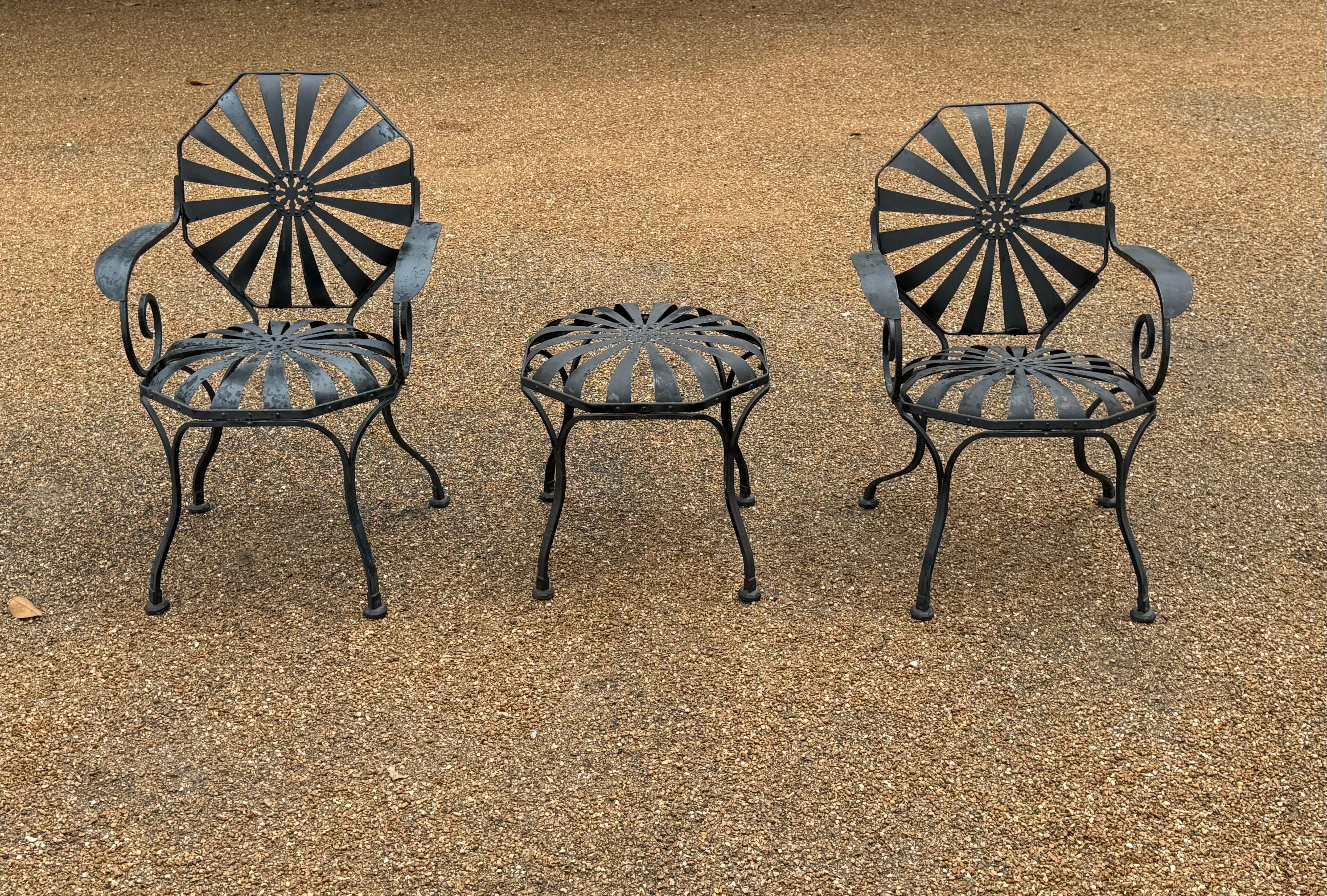 Art Deco Pair of Francois Carre Black Pinwheel or Sunburst Garden Arm Chairs with Ottoman