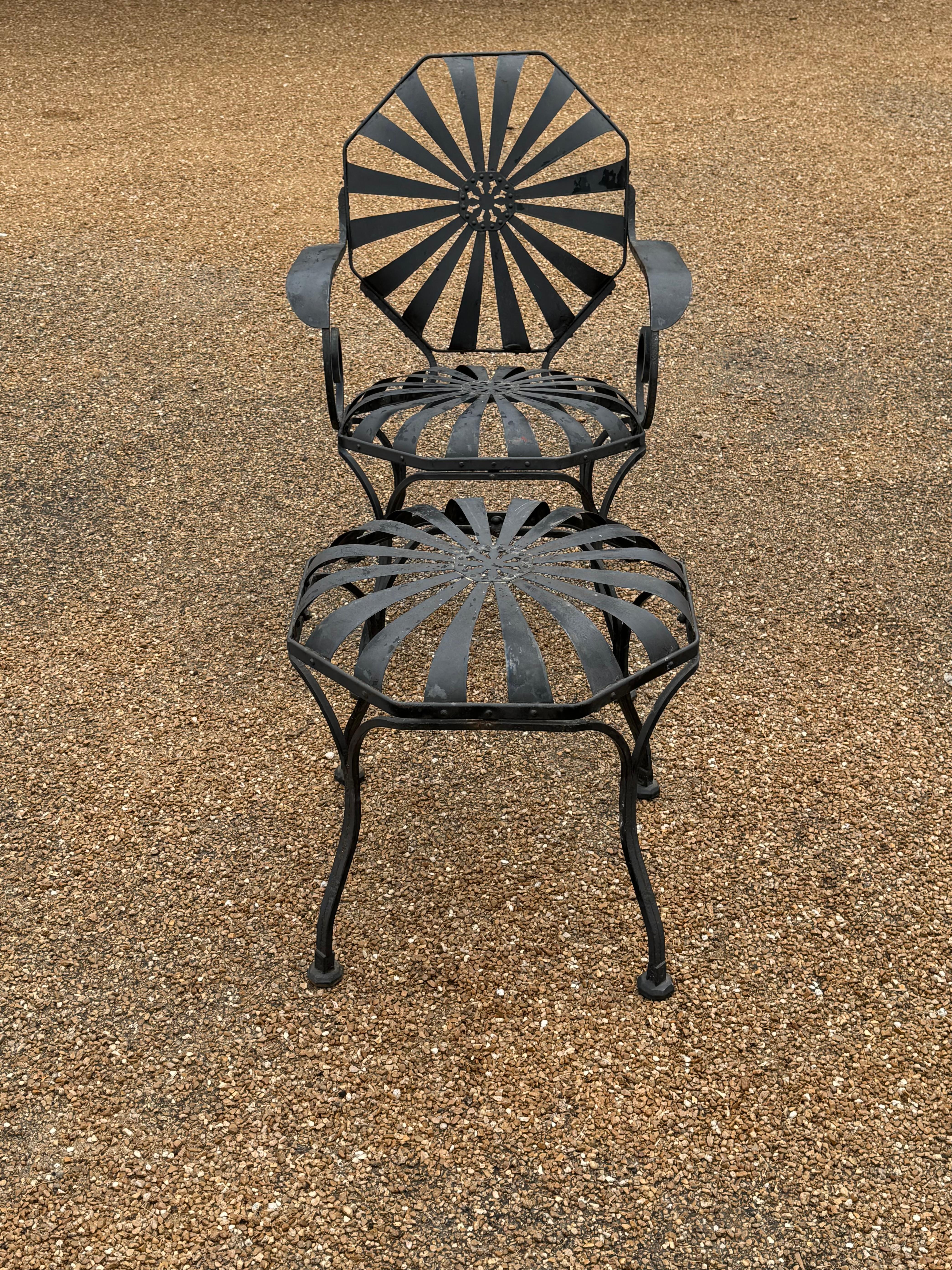 French Pair of Francois Carre Black Pinwheel or Sunburst Garden Arm Chairs with Ottoman