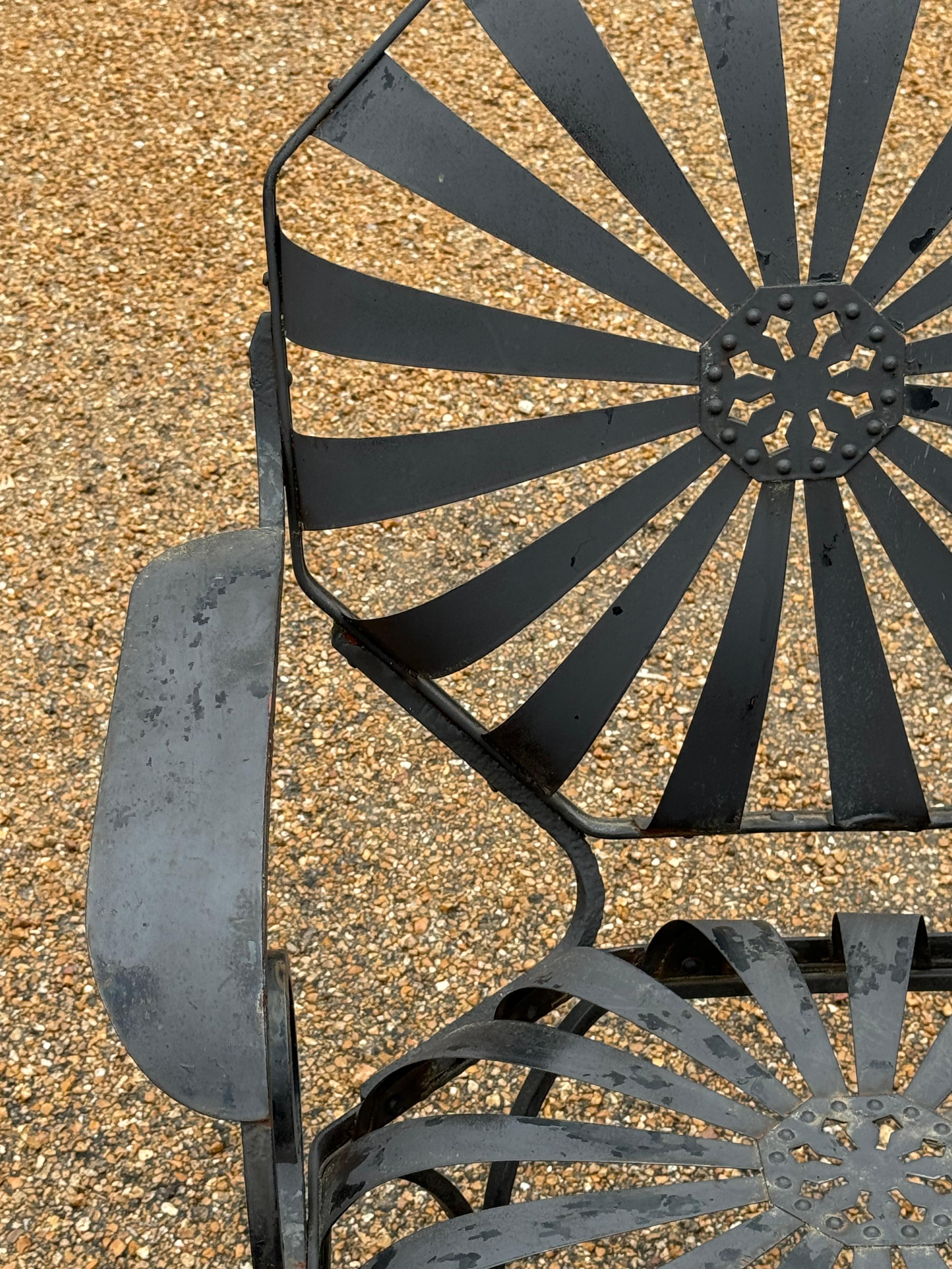 Wrought Iron Pair of Francois Carre Black Pinwheel or Sunburst Garden Arm Chairs with Ottoman