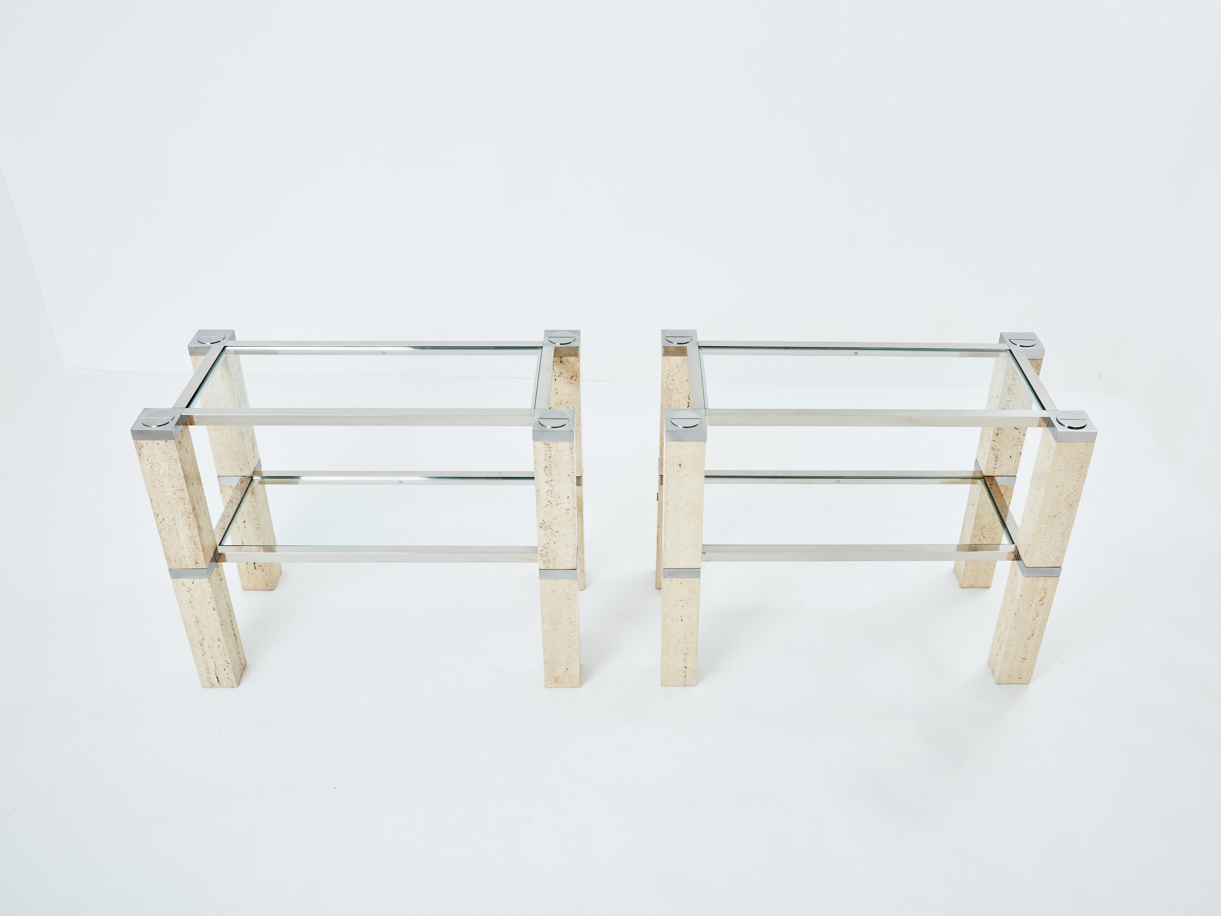 Pair of François Catroux chrome and travertine console tables 1973 For Sale 3
