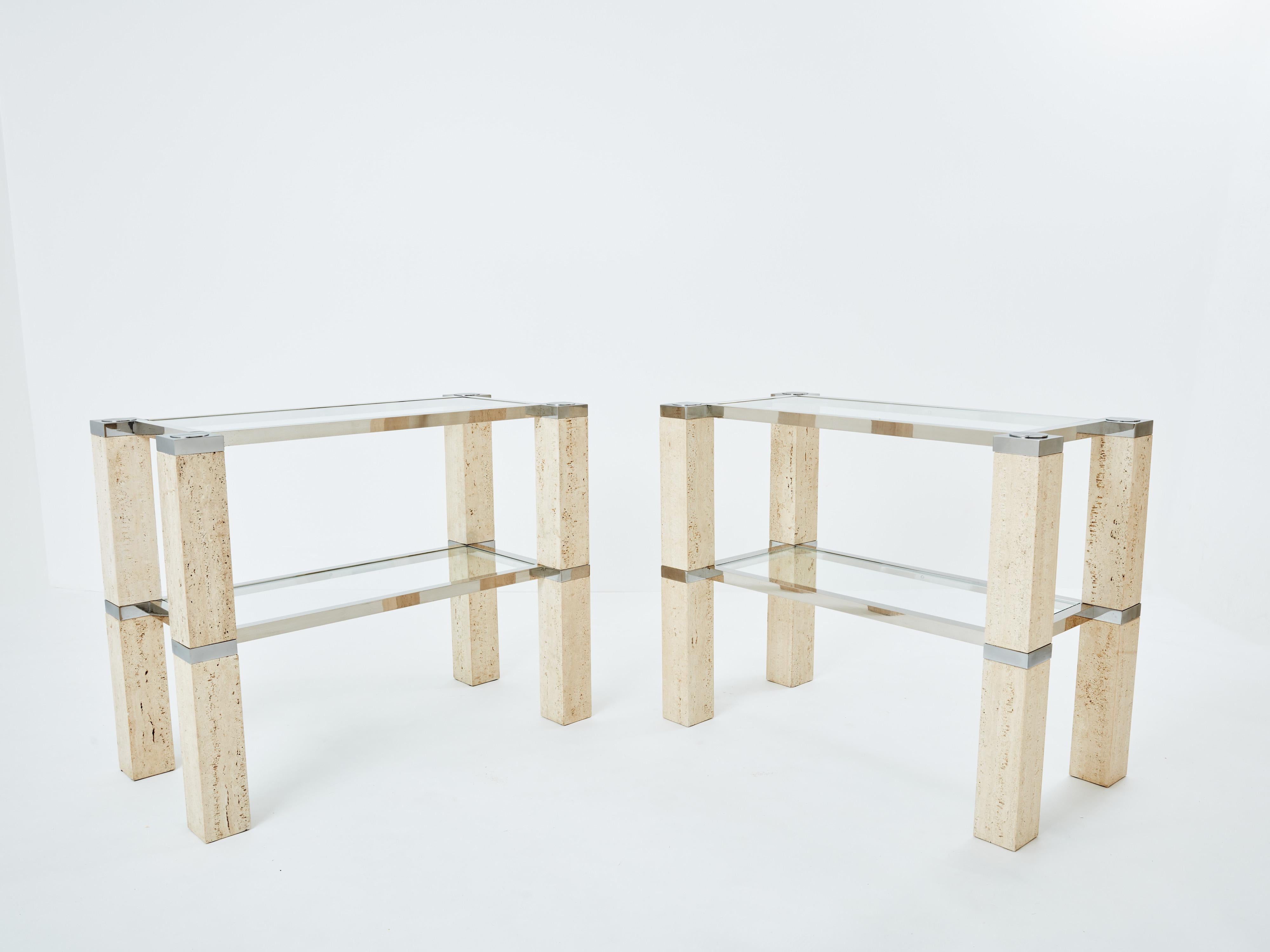 Pair of François Catroux chrome and travertine console tables 1973 For Sale 5