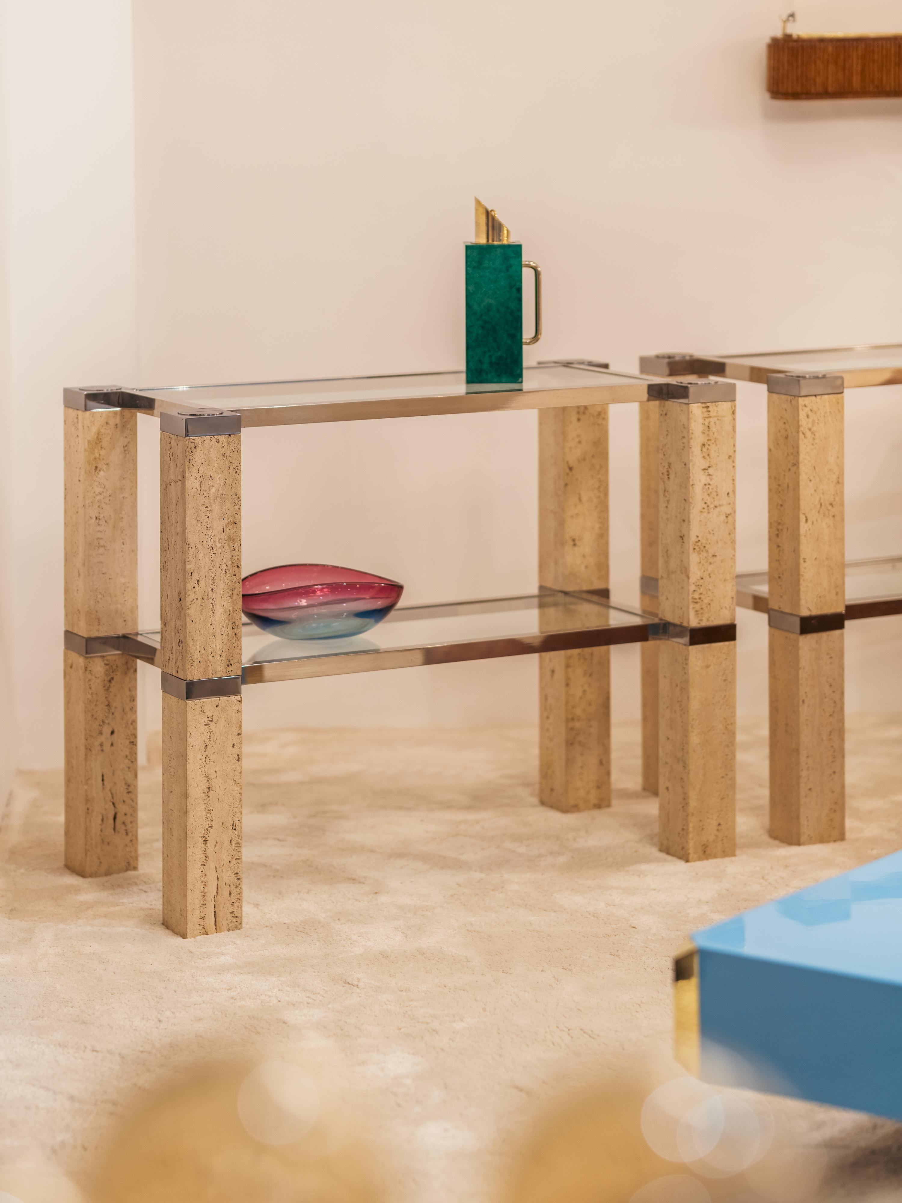 Pair of François Catroux chrome and travertine console tables 1973 For Sale 7