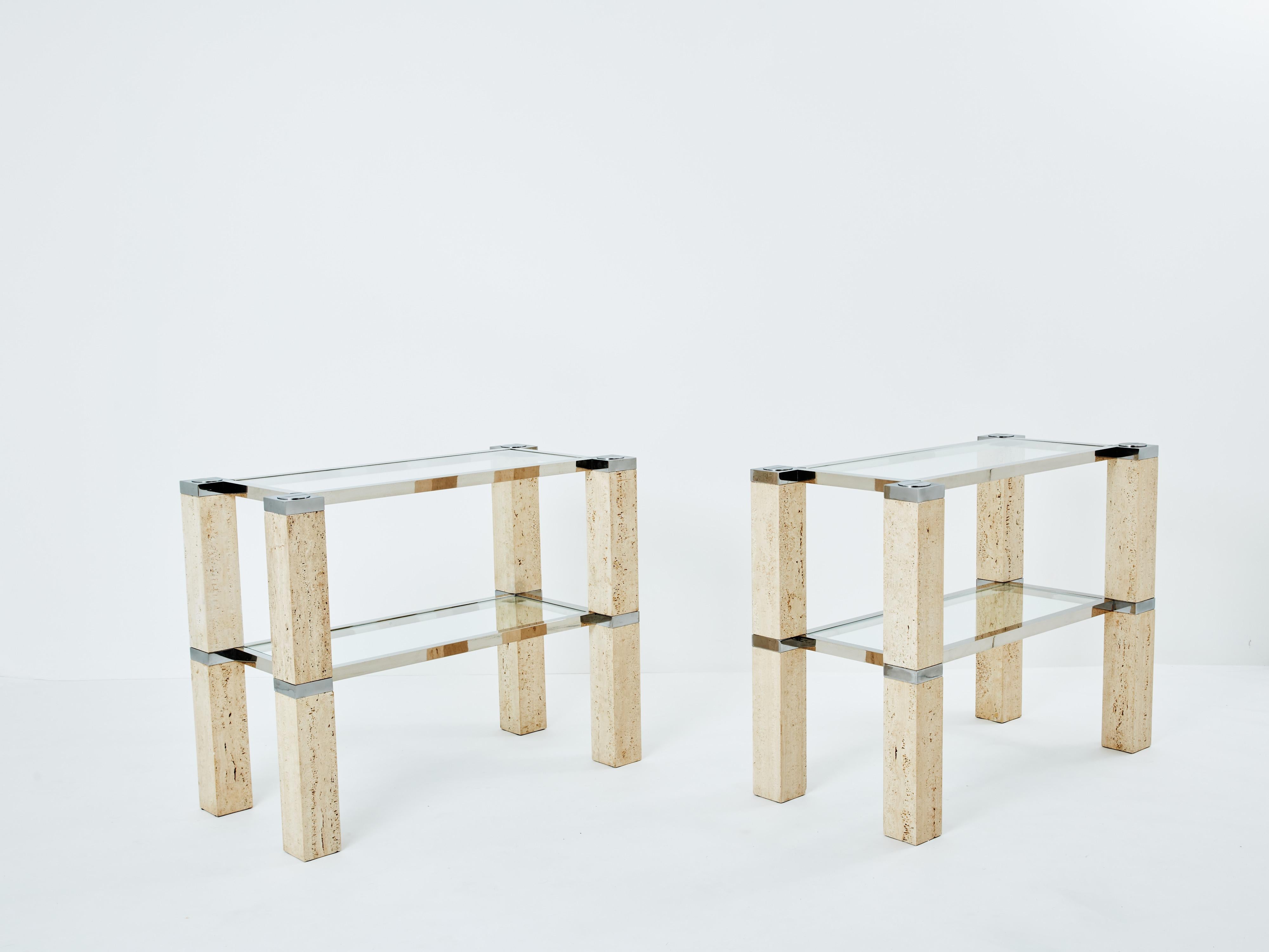 Mid-Century Modern Pair of François Catroux chrome and travertine console tables 1973 For Sale