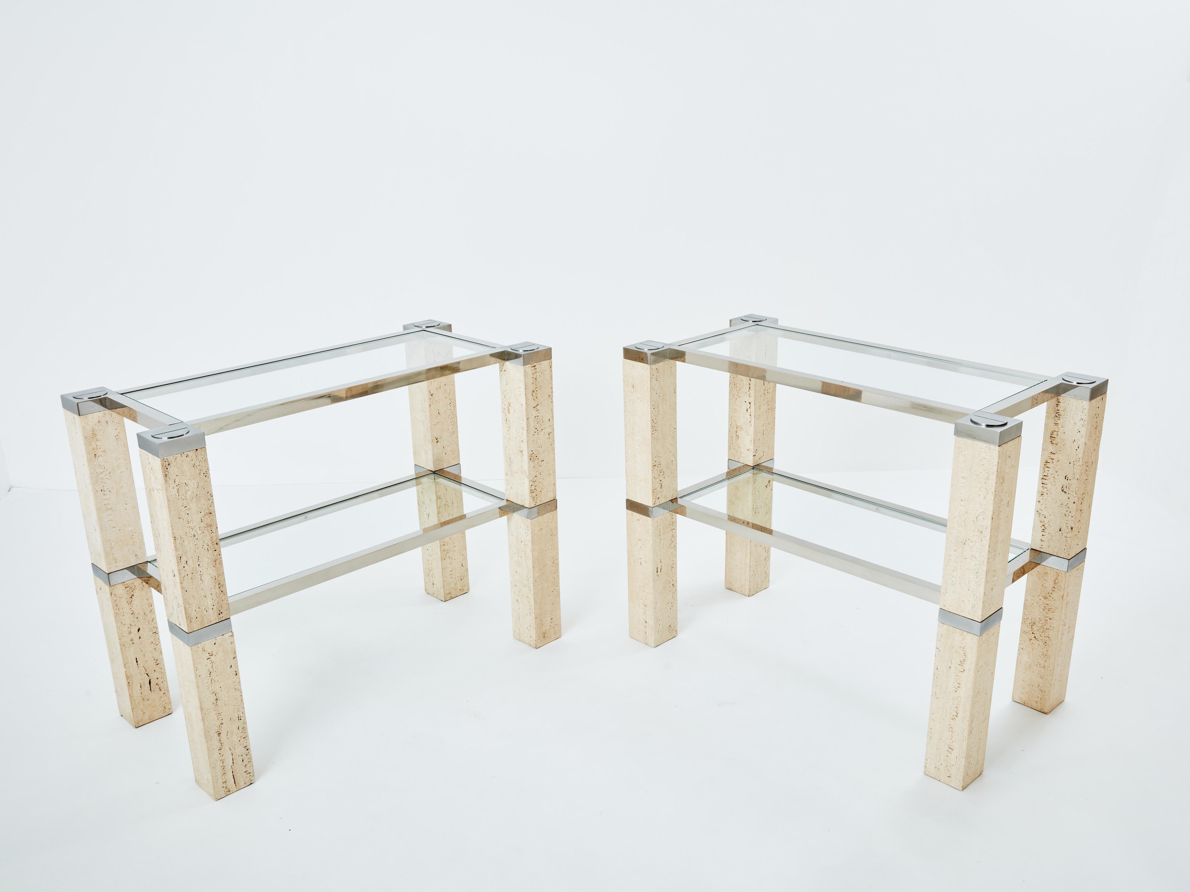 Late 20th Century Pair of François Catroux chrome and travertine console tables 1973 For Sale
