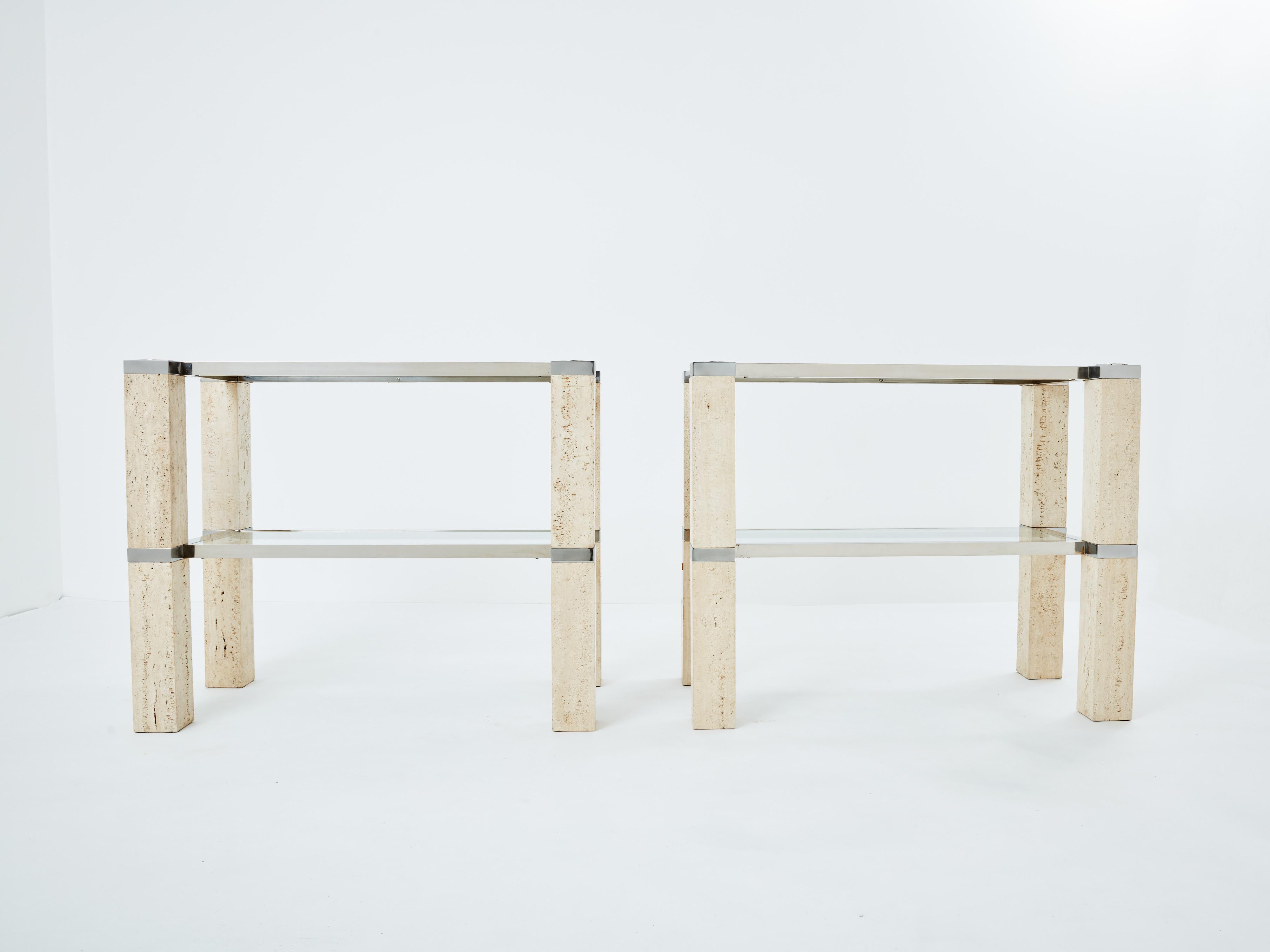 Chrome Pair of François Catroux chrome and travertine console tables 1973 For Sale