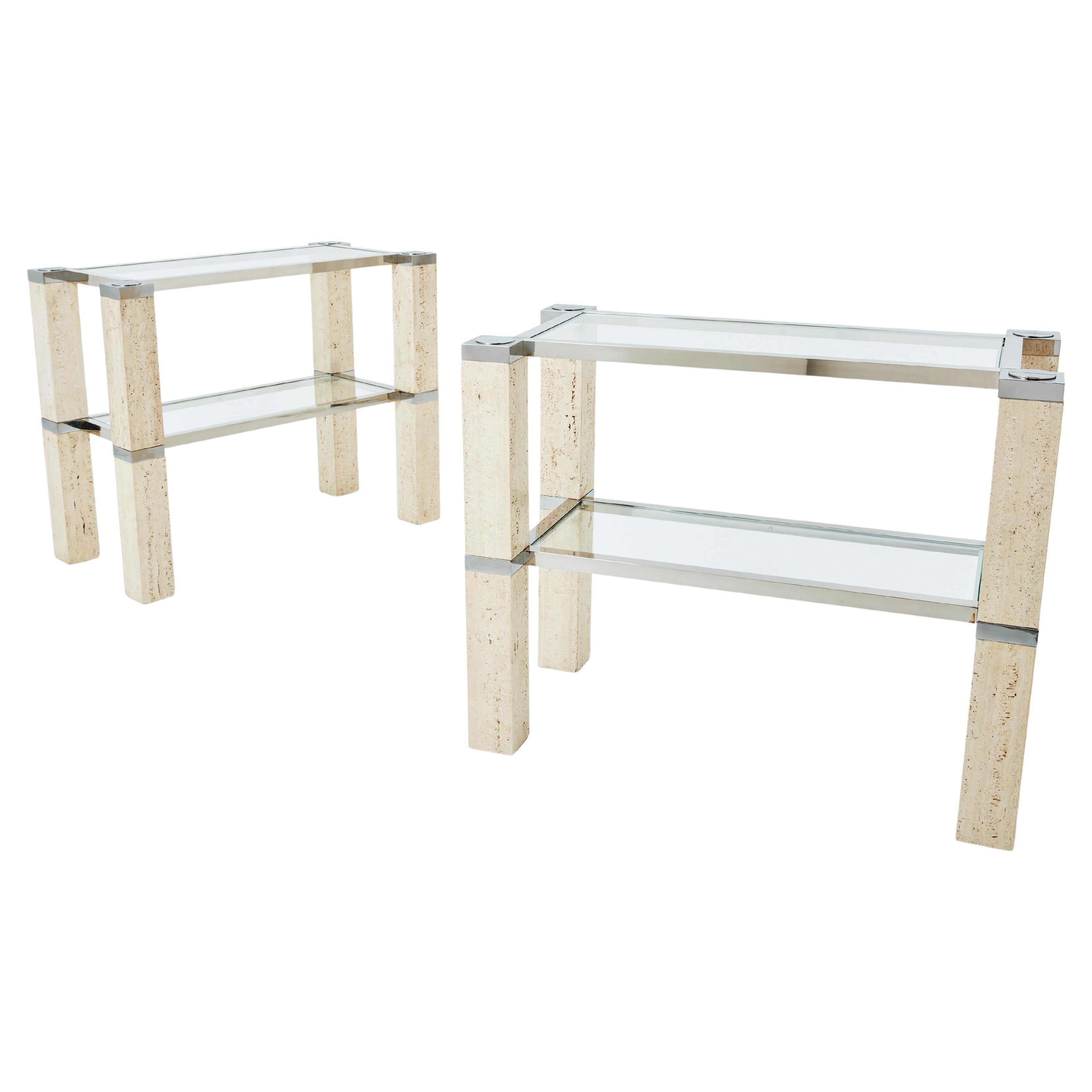 Pair of François Catroux chrome and travertine console tables 1973 For Sale