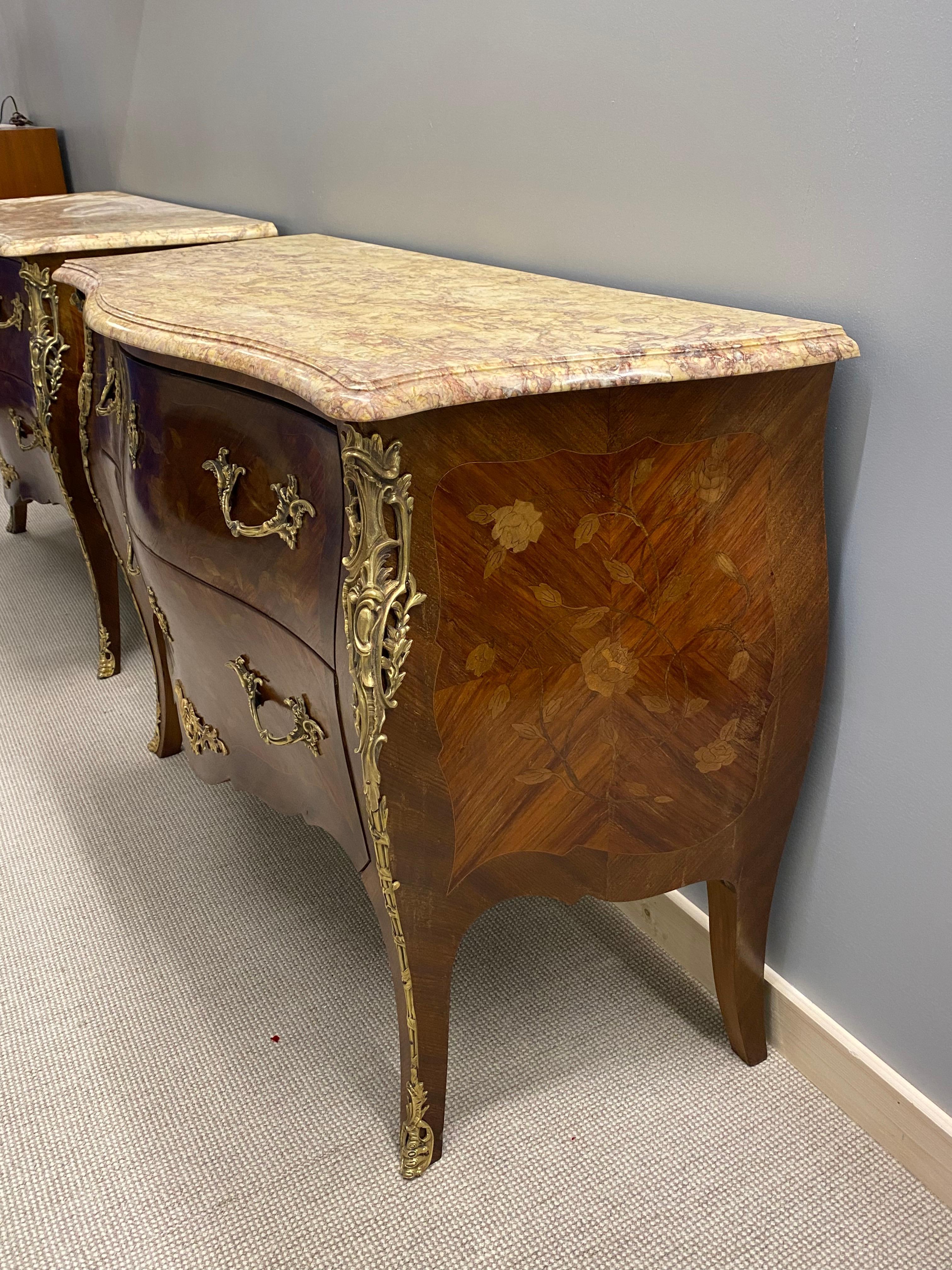 Pair of Francois Linke Signed Bombe Inlaid Commodes Nightstands 1