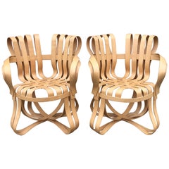 Pair of Frank Gehry Bentwood Maple Cross Check Armchairs for Knoll, 1993