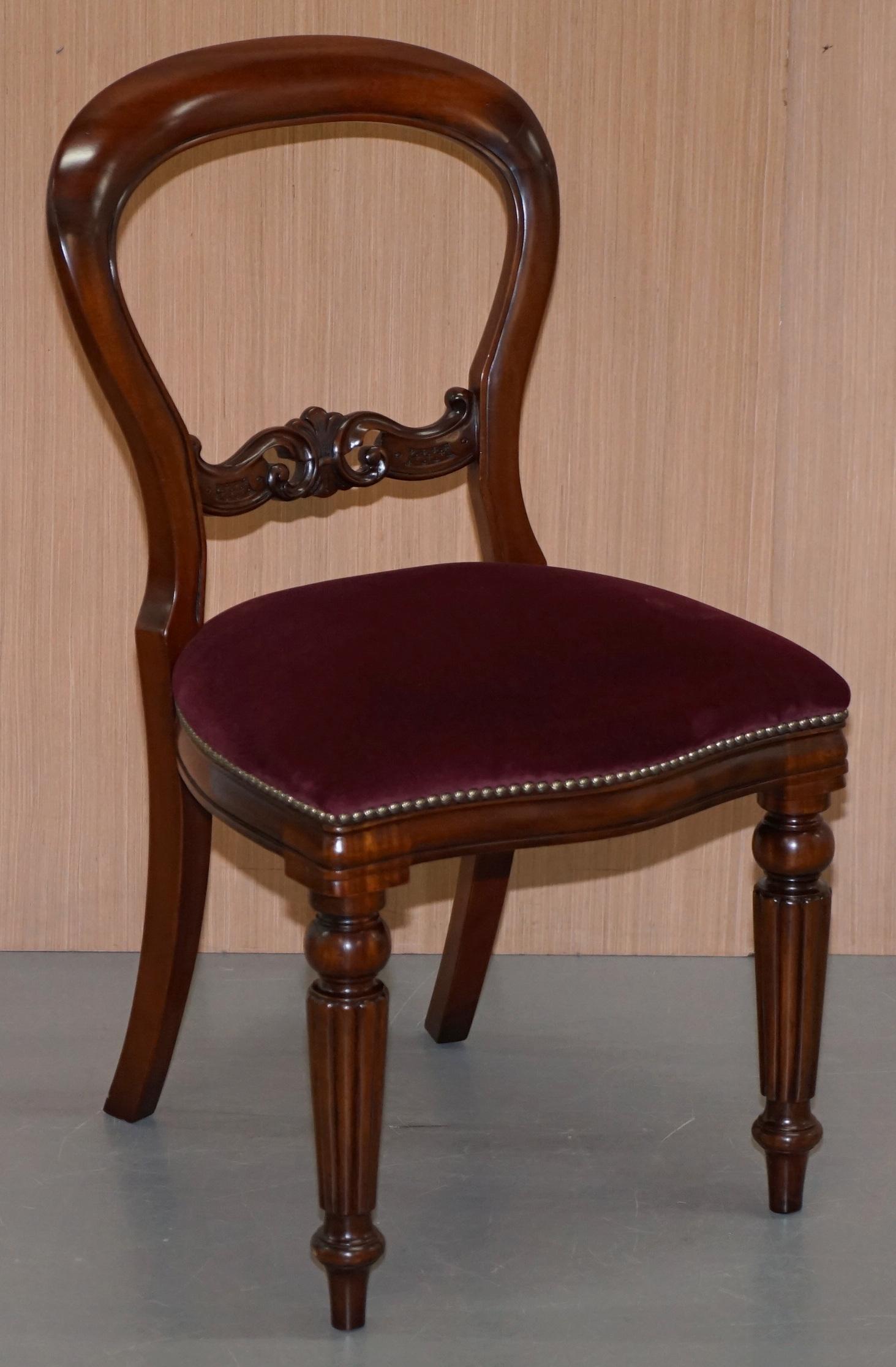 We are delighted to offer for sale this pair of stunning Mahogany and Rijoa velour dining chairs made by the wonder that was Frank Hudson & Son’s for Harrods London

An absolutely sublime quality pair of chairs, each one stamped to the base with