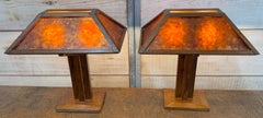 Pair of Frank Lloyd Wright Style Oak & Mica Table Lamps, USA, circa 1980s