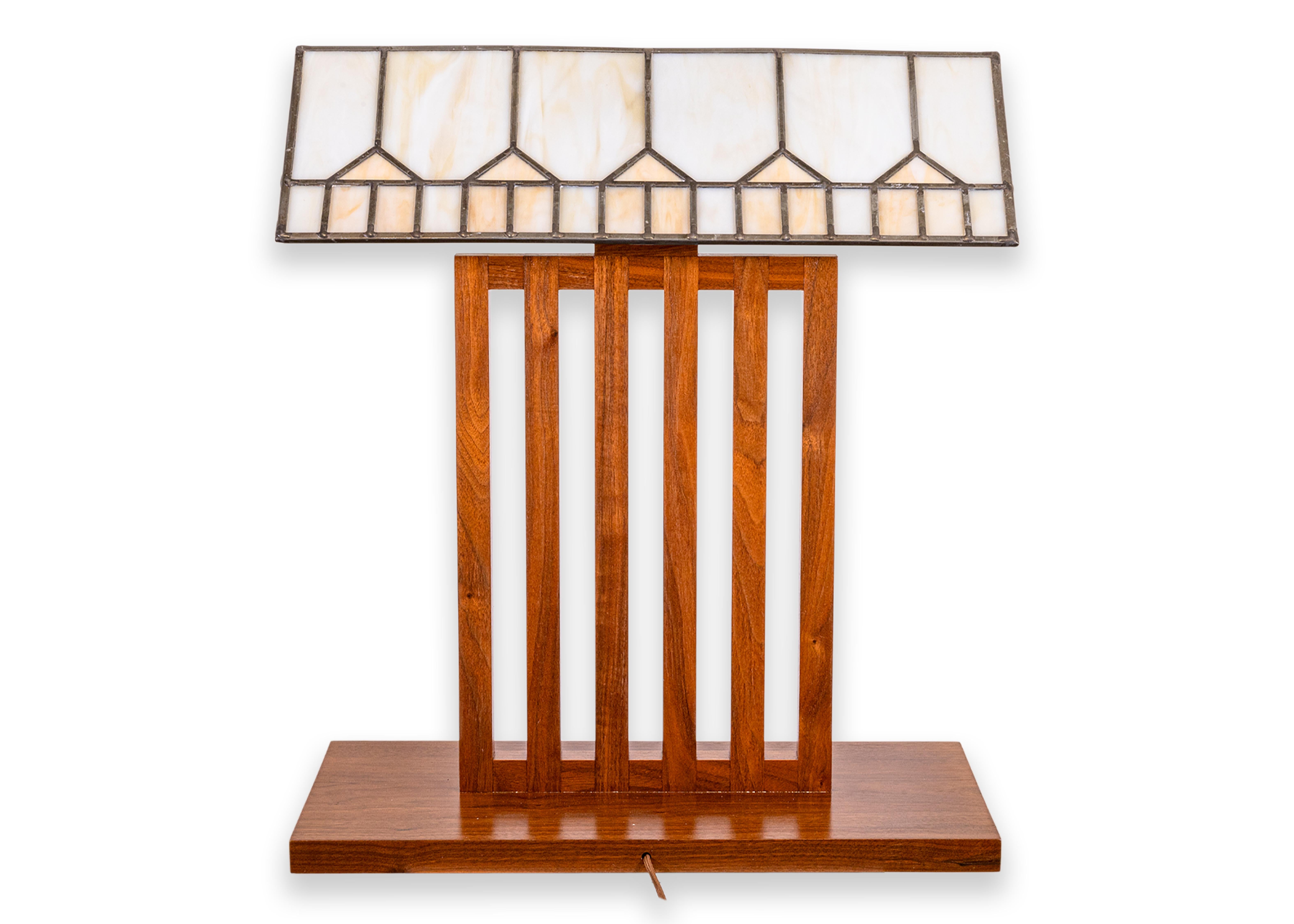 Pair of Frank Lloyd Wright Style Wood and Leaded Glass Mid Century Table Lamps 3