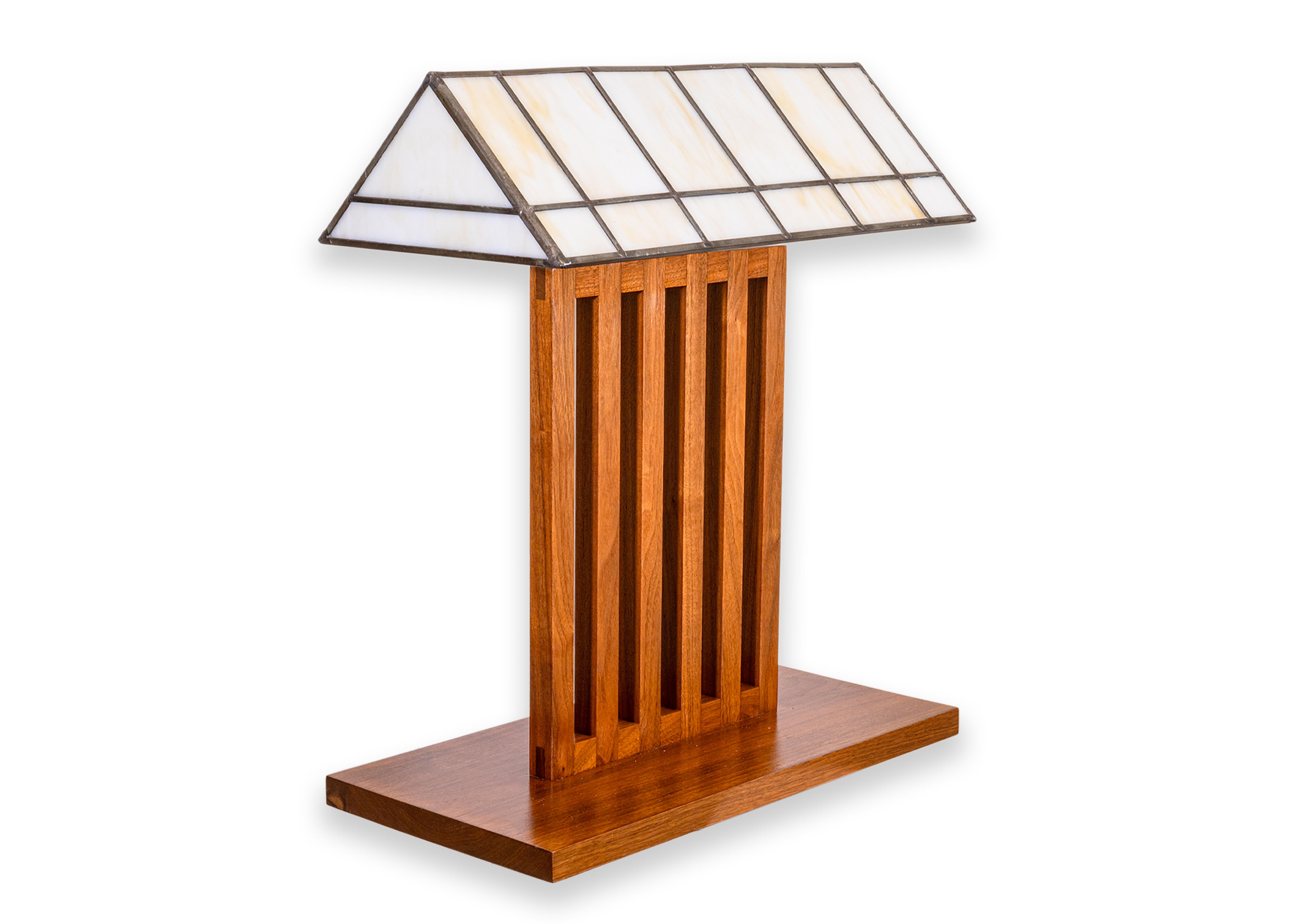 Pair of Frank Lloyd Wright Style Wood and Leaded Glass Mid Century Table Lamps 4