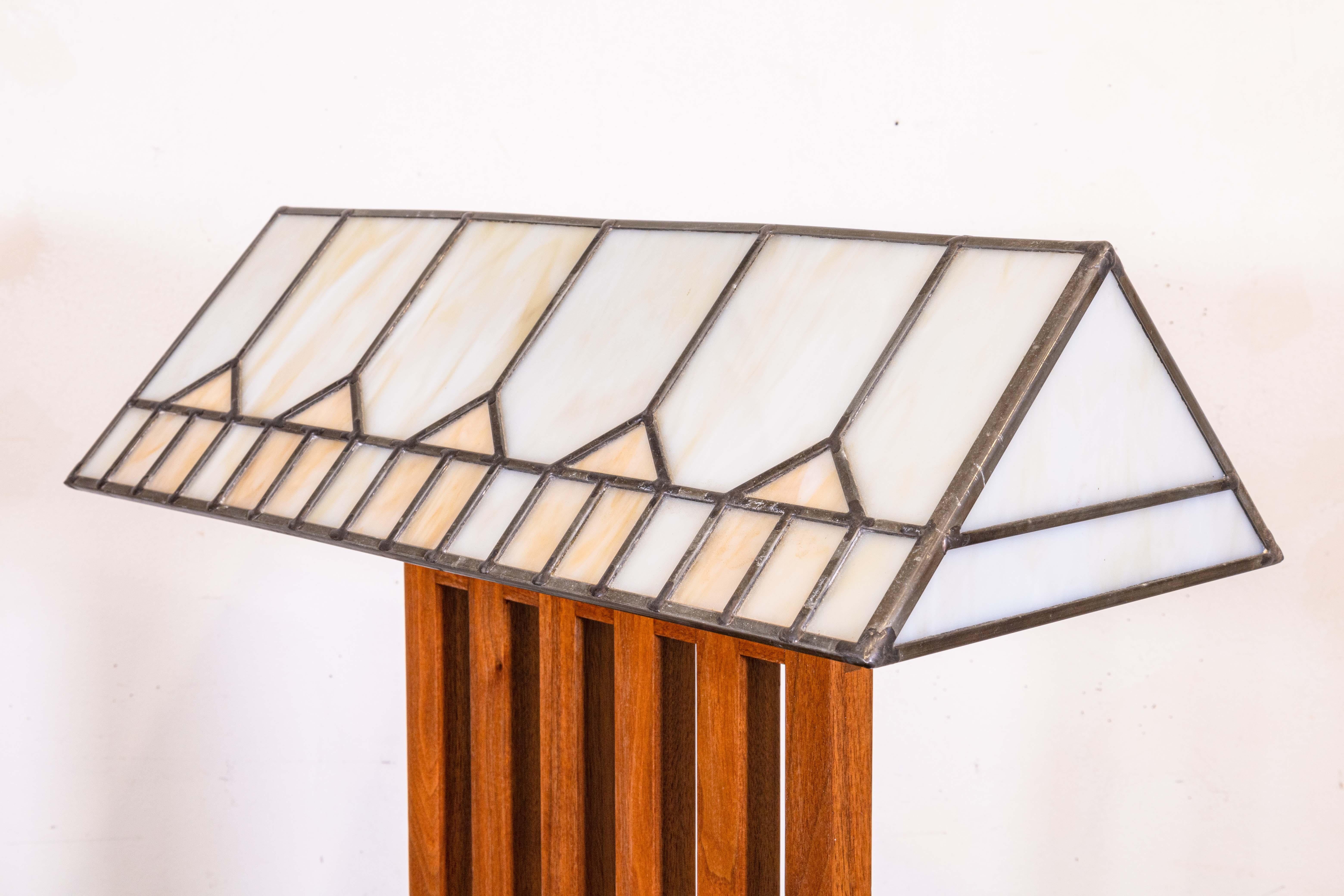 Mid-Century Modern Pair of Frank Lloyd Wright Style Wood and Leaded Glass Mid Century Table Lamps