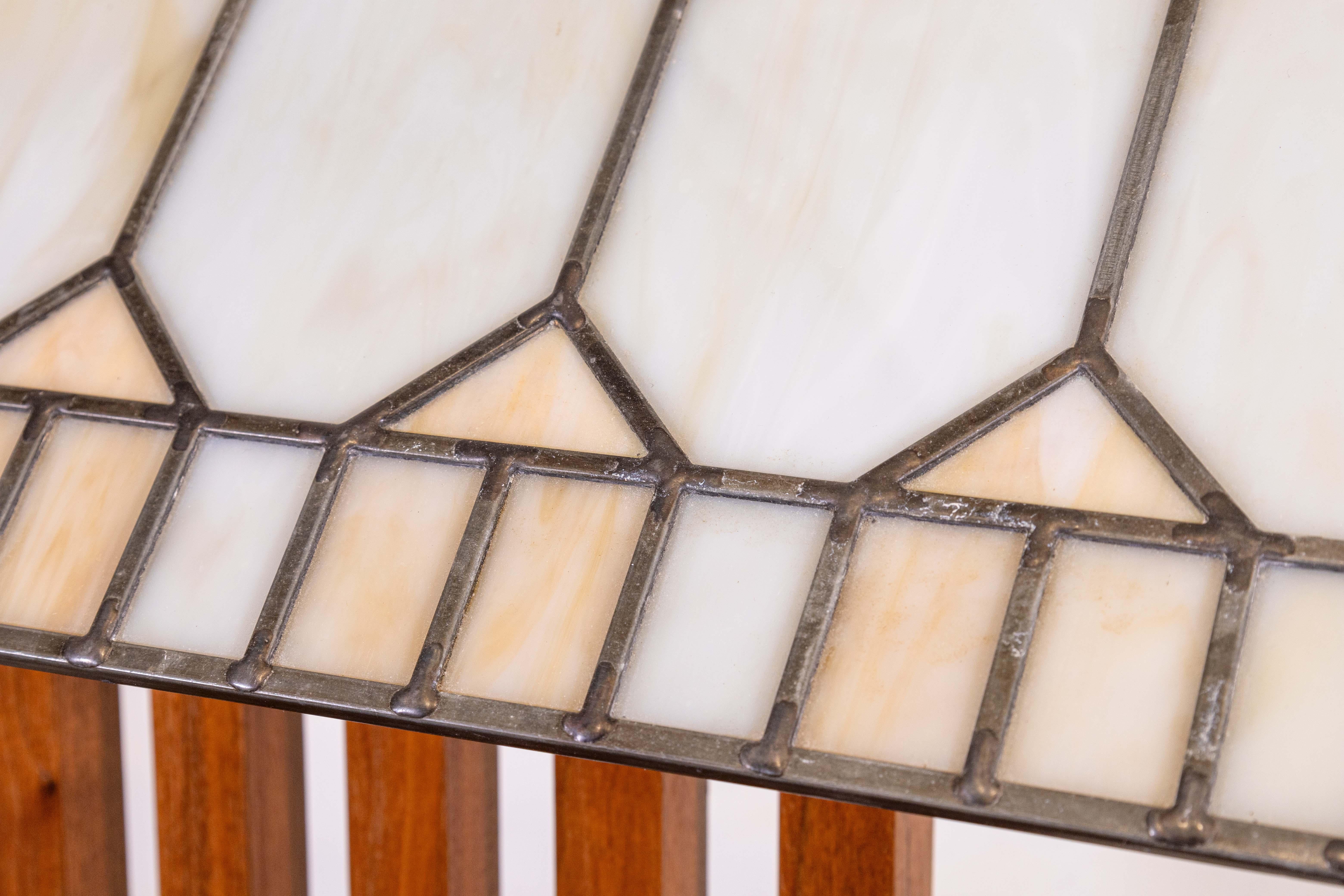 American Pair of Frank Lloyd Wright Style Wood and Leaded Glass Mid Century Table Lamps