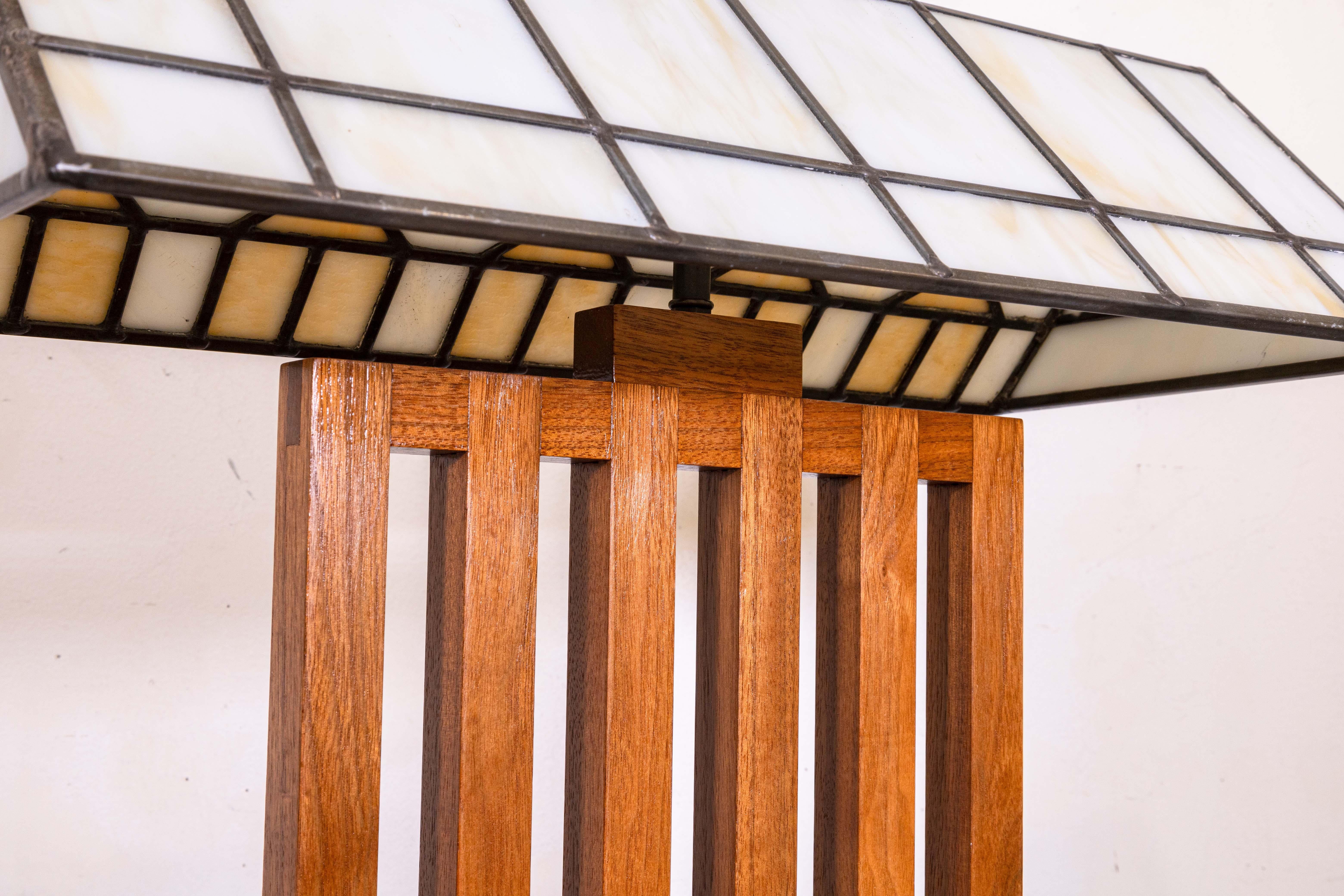 20th Century Pair of Frank Lloyd Wright Style Wood and Leaded Glass Mid Century Table Lamps
