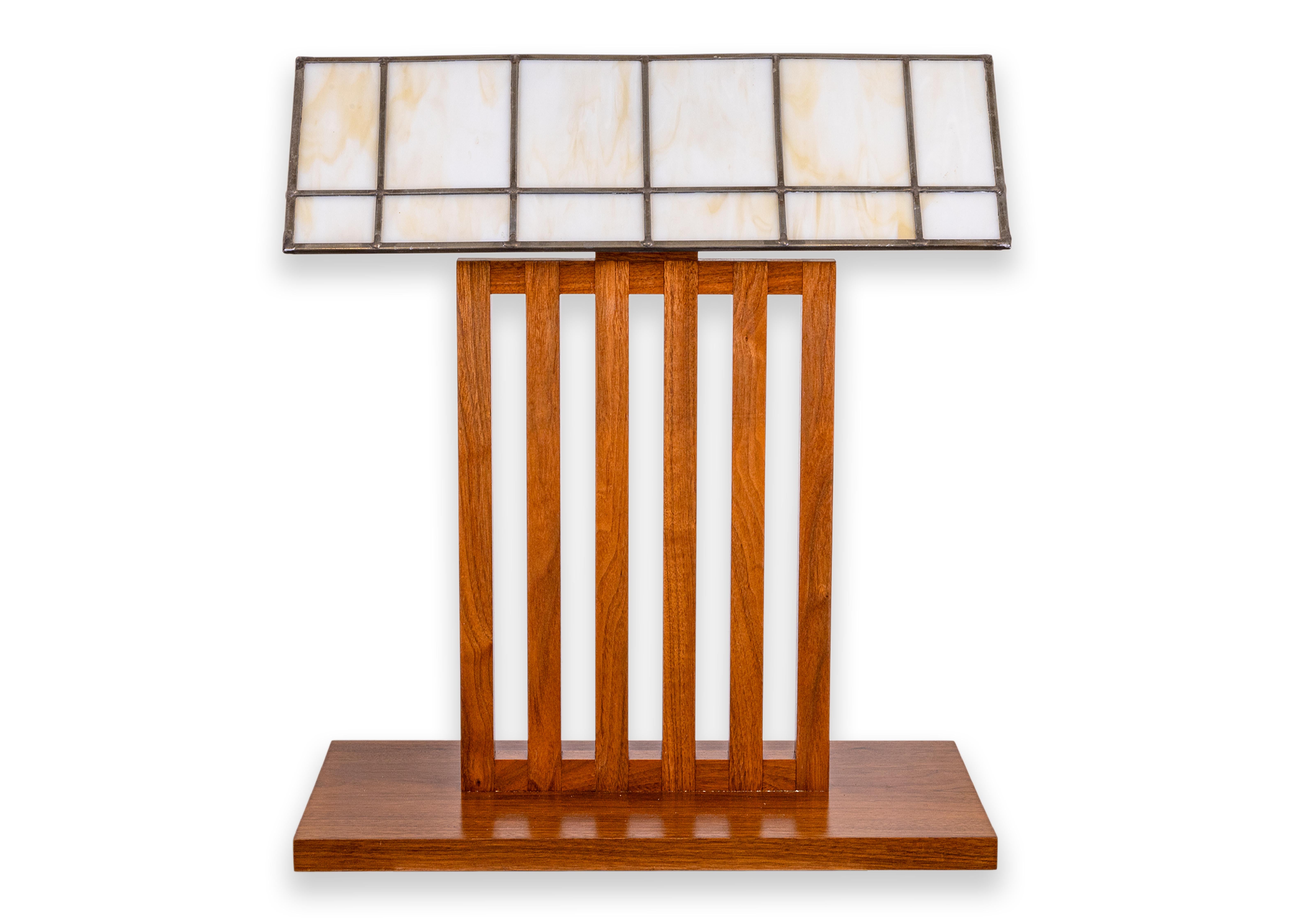 Pair of Frank Lloyd Wright Style Wood and Leaded Glass Mid Century Table Lamps 2