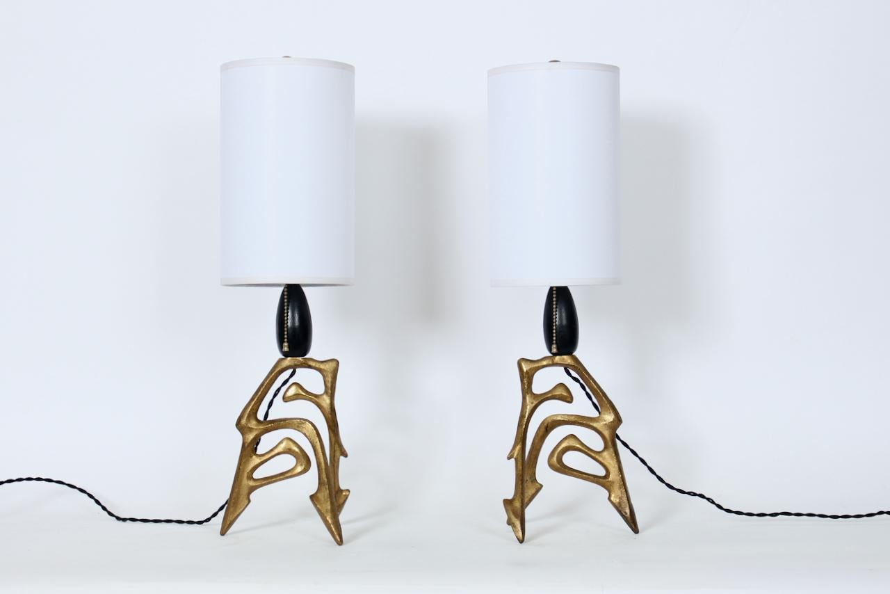 American Pair of Frederic Weinberg Abstract Figurative Bronze Table Lamps, C. 1950  For Sale