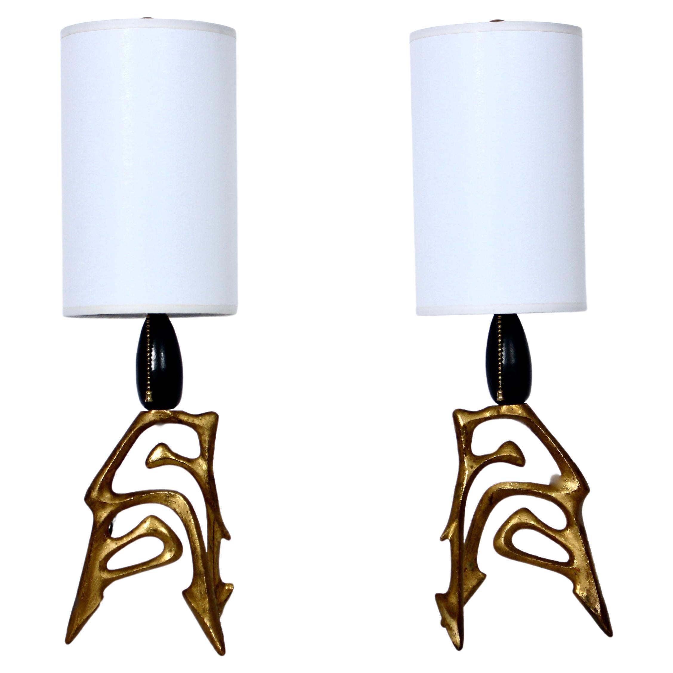 Pair of Frederic Weinberg Abstract Figurative Bronze Table Lamps, C. 1950  For Sale