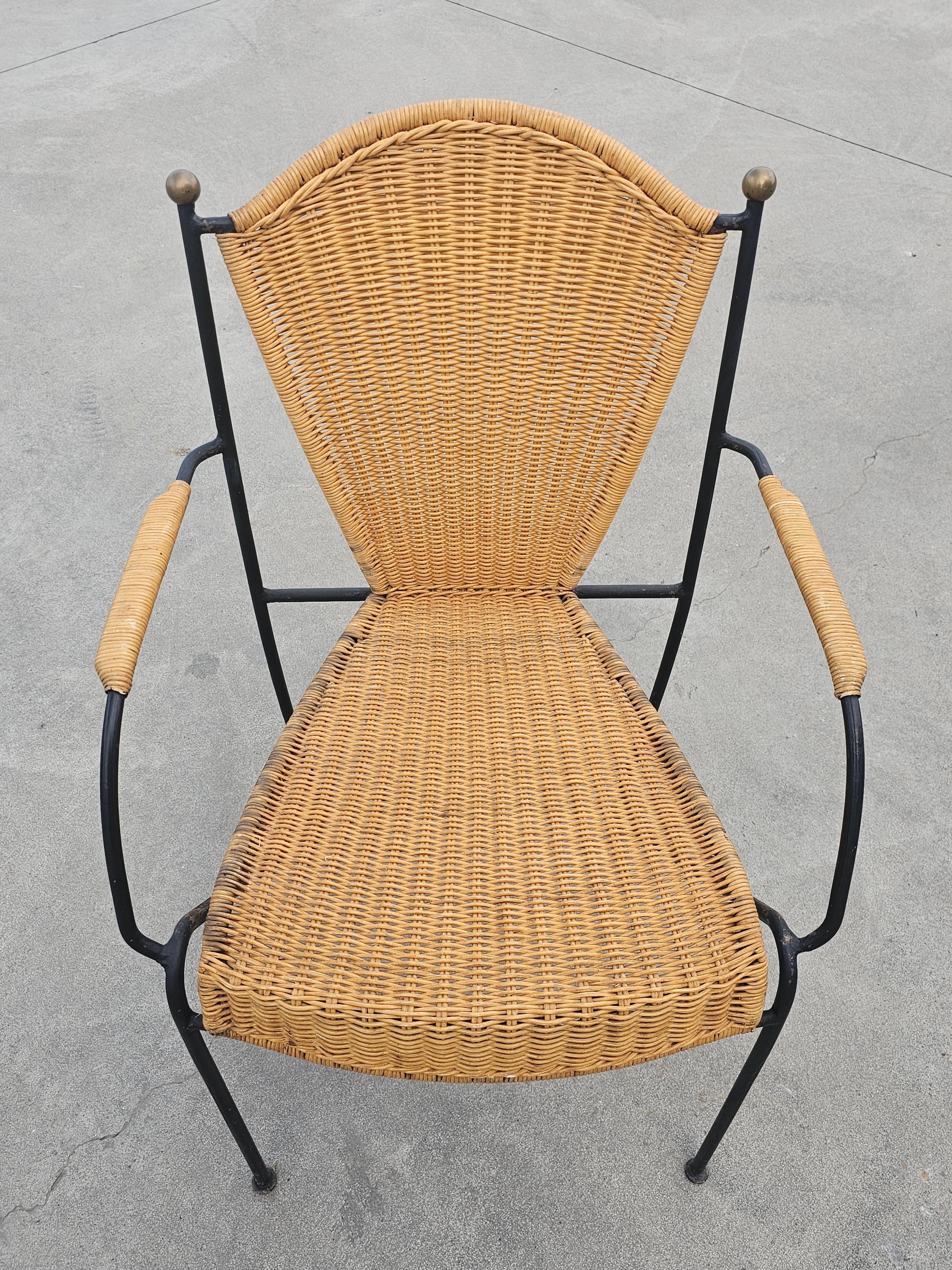 Pair of Frederic Weinberg Wicker, Wrought Iron and Brass Chairs, USA 1950s For Sale 4